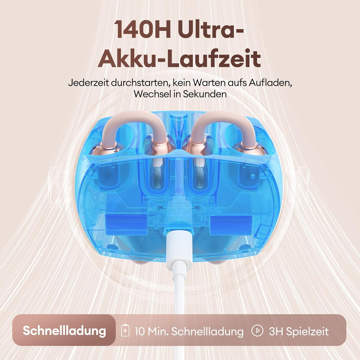 Blauer Ladebehälter für Kopfhörer mit Text über Akkulaufzeit und Ladezeit.