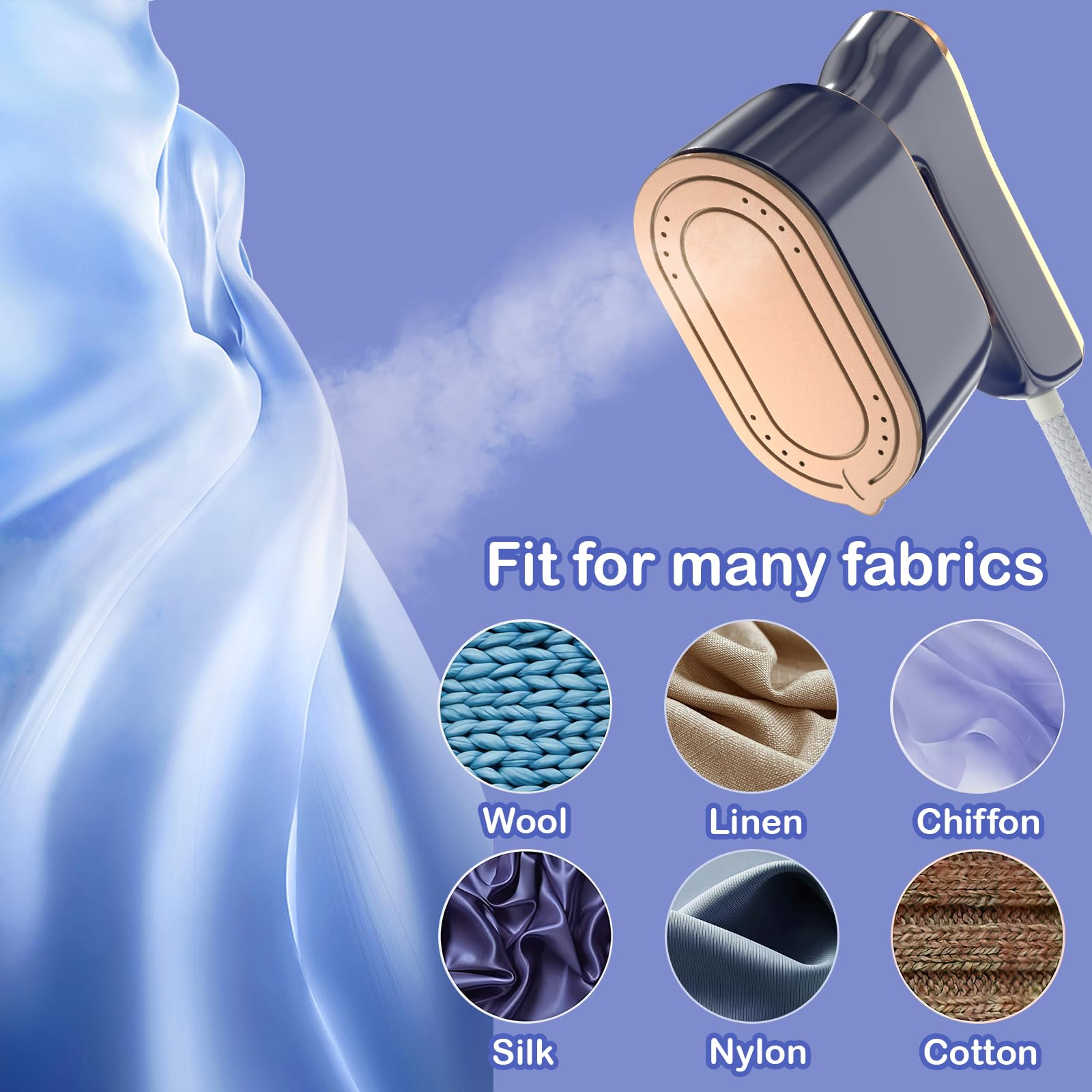 Ein Dampfbügeleisen erzeugt Dampf, der auf verschiedene Stoffe wie Wolle, Leinen, Chiffon, Seide, Nylon und Baumwolle trifft.