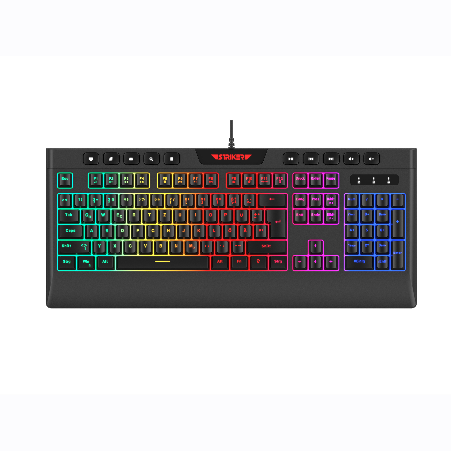 Schwarze Tastatur mit bunter Hintergrundbeleuchtung und dem Logo STRIKER.