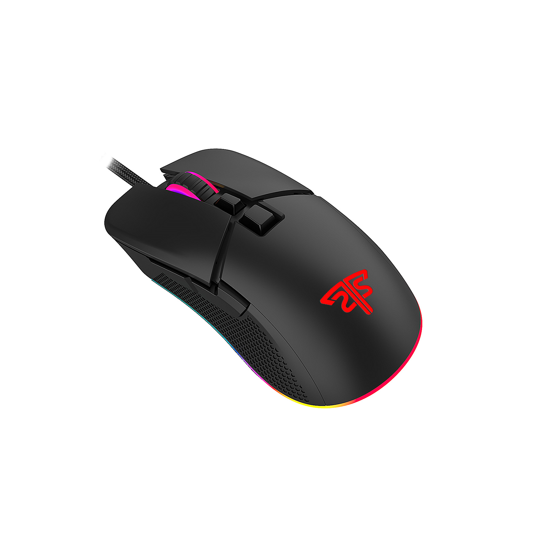 Schwarze Gaming-Maus mit rotem Logo und RGB-Beleuchtung am Rad und Sockel.