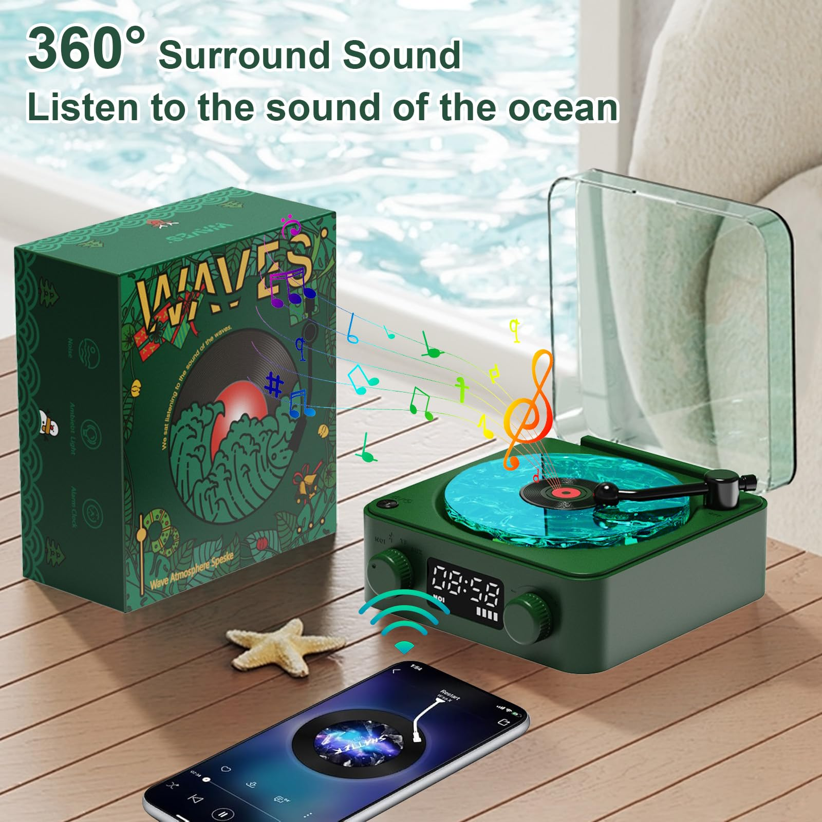 Grüner Plattenspieler mit blauem Plattenteller, Smartphone und Box mit Wellenmotiv.
