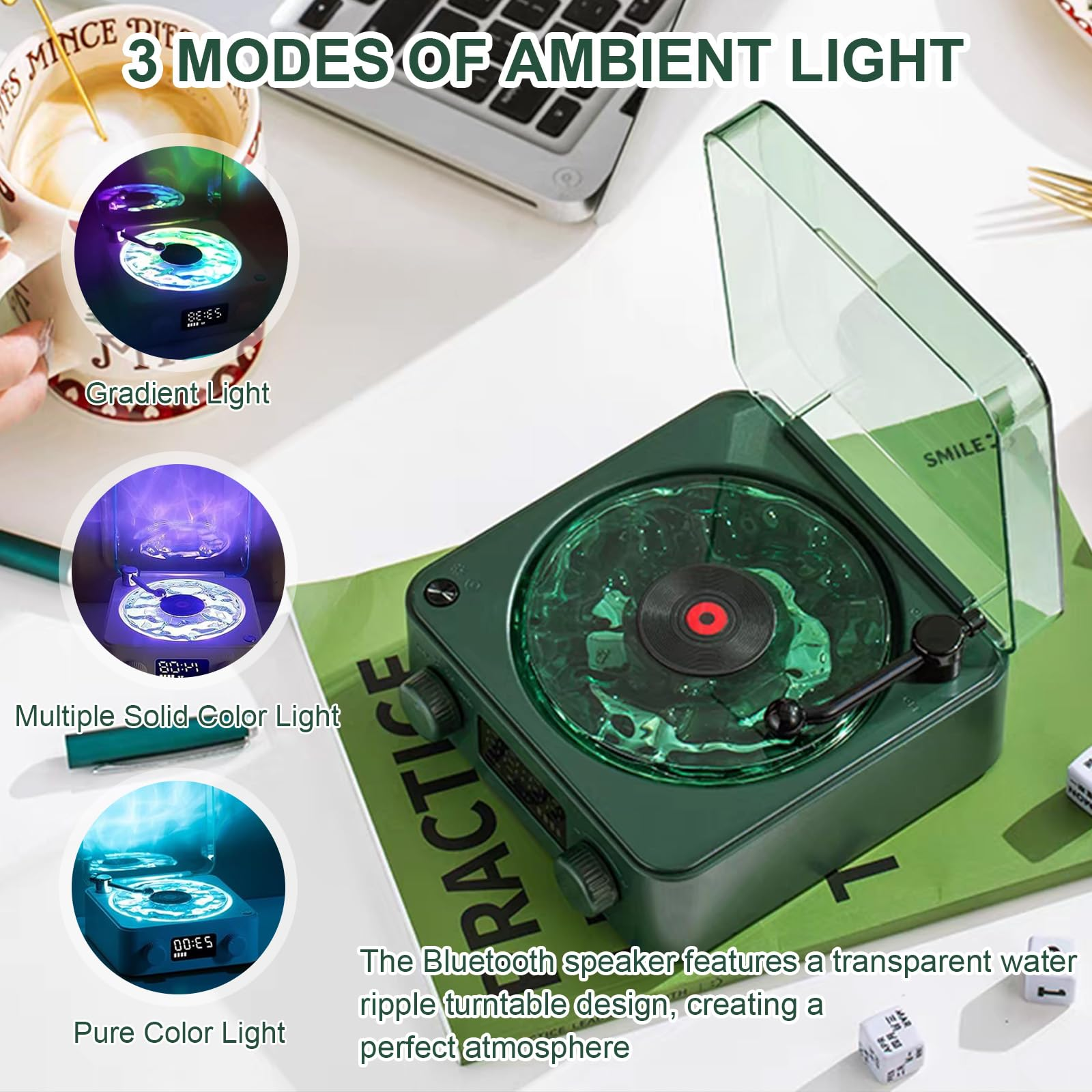 Grüner Bluetooth-Lautsprecher im Plattenspieler-Design mit transparentem Wasser-Ripple-Turntable und Ambientelicht-Modi.