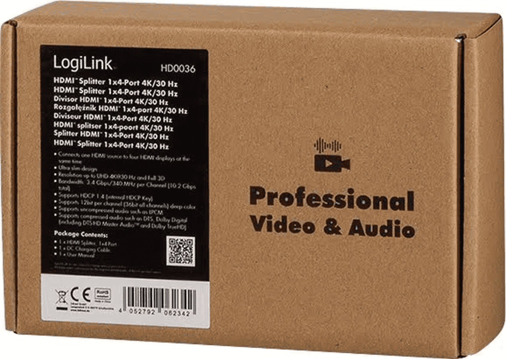 Caja de divisor HDMI LogiLink 1x4 4K/30Hz para video y audio profesional.