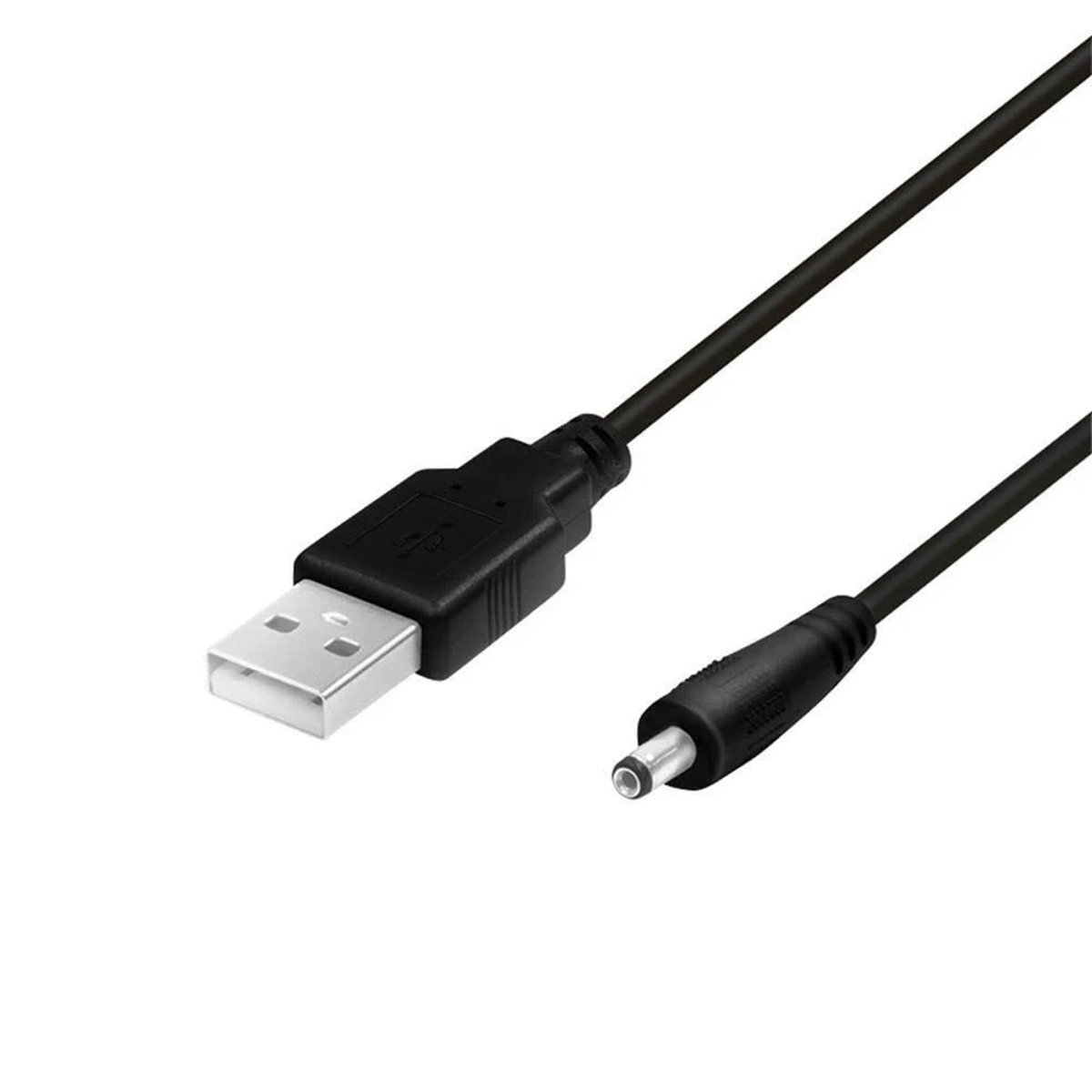 Un cable USB negro con un conector USB-A y un conector de CC redondo.