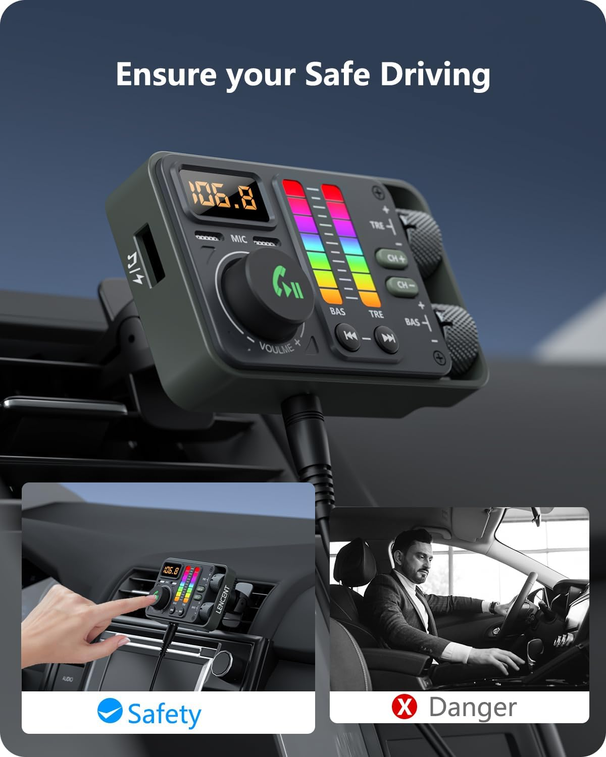 Auto-Freisprecheinrichtung mit Display, Hand und Fahrer im Auto.
