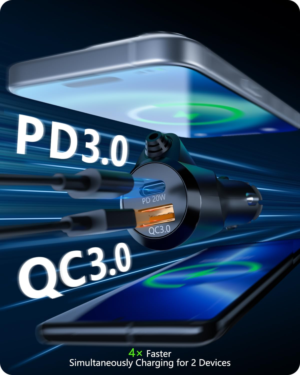 Kfz-Ladegerät mit PD 3.0 und QC 3.0 lädt zwei Telefone gleichzeitig.