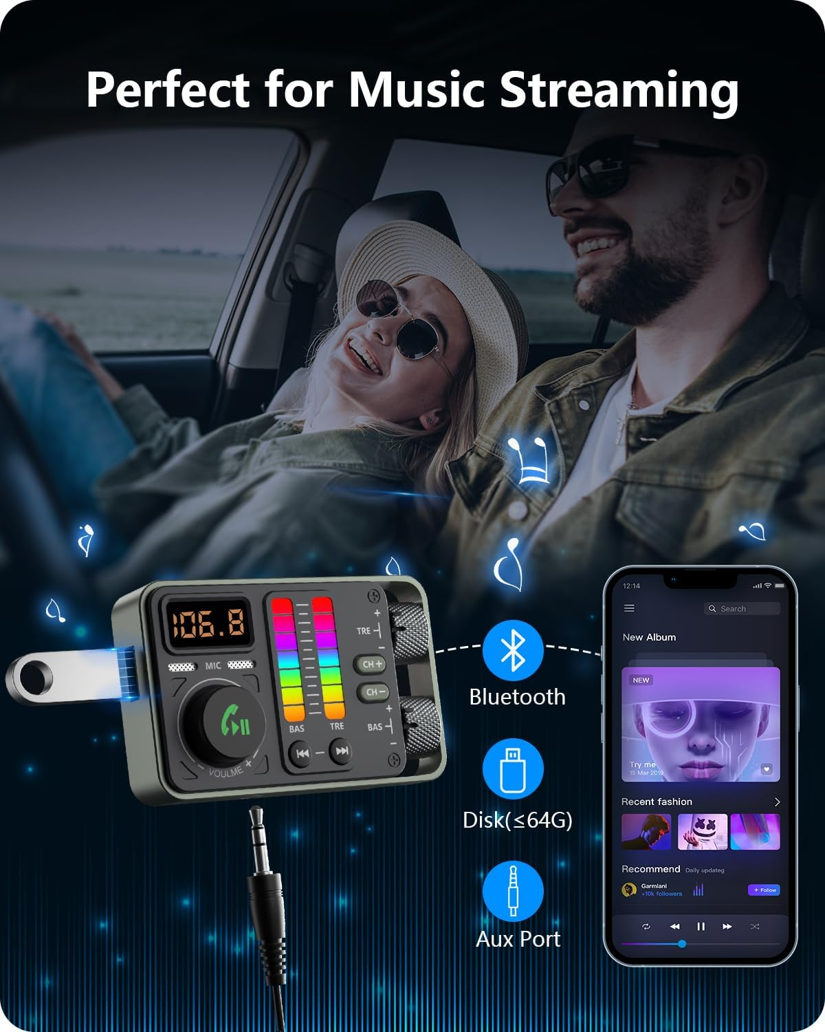 Paar im Auto, Musik hörend. Ein Gerät zeigt 106.8, ein Handy zeigt Musik.