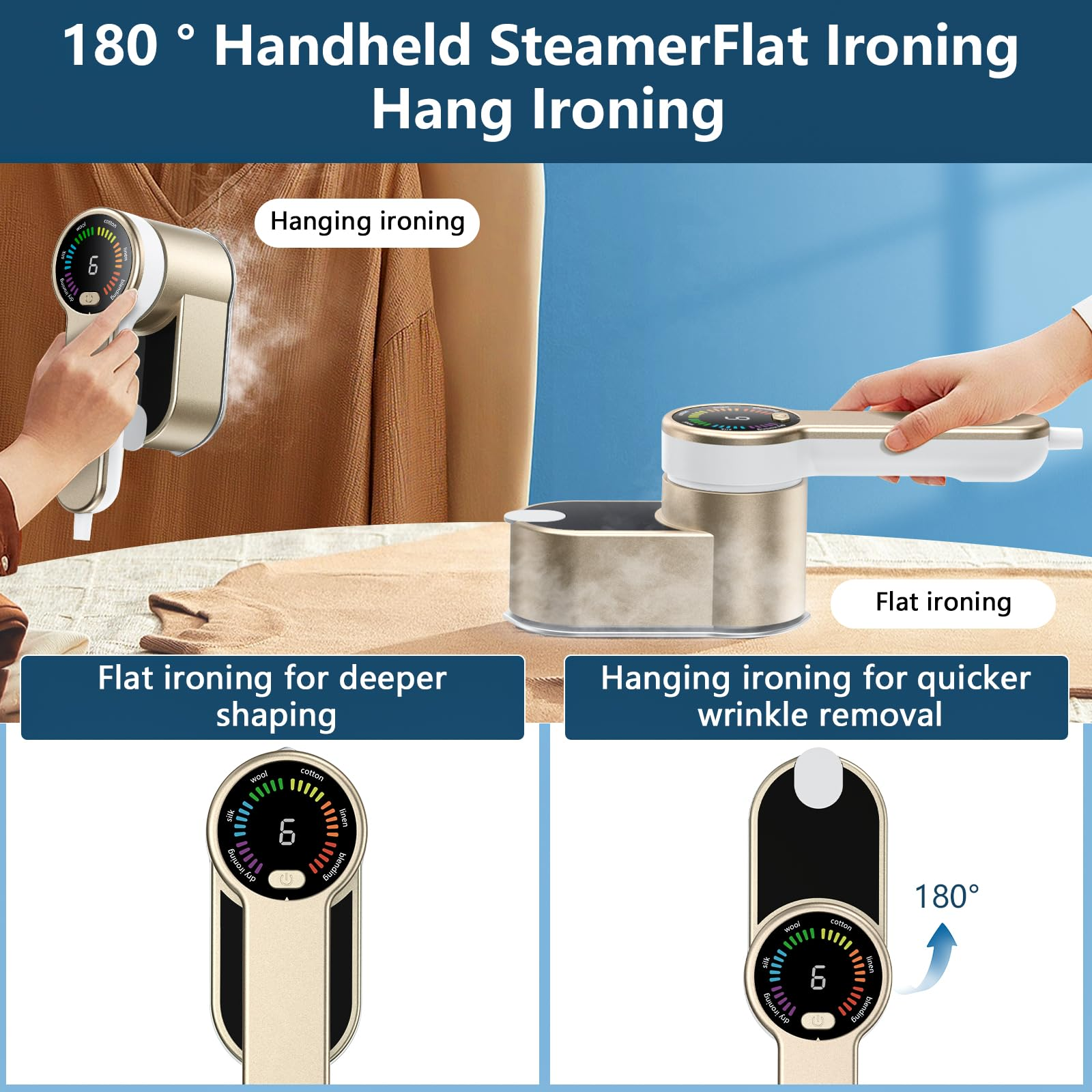 Handdampfbügeleisen für hängendes und flaches Bügeln mit 180°.