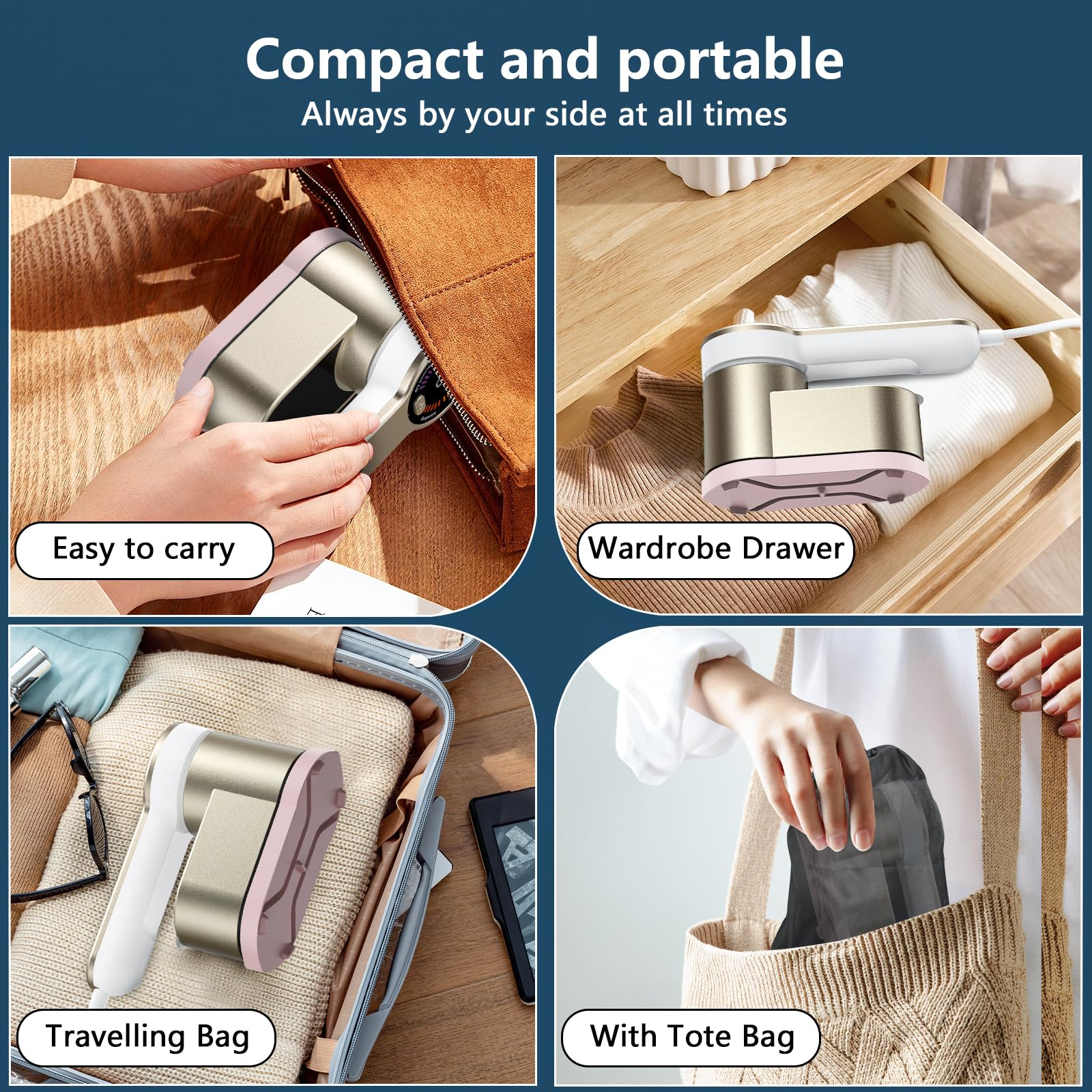 Ein tragbares Gerät wird in eine Tasche gesteckt, in eine Schublade gelegt und in einen Koffer gepackt.