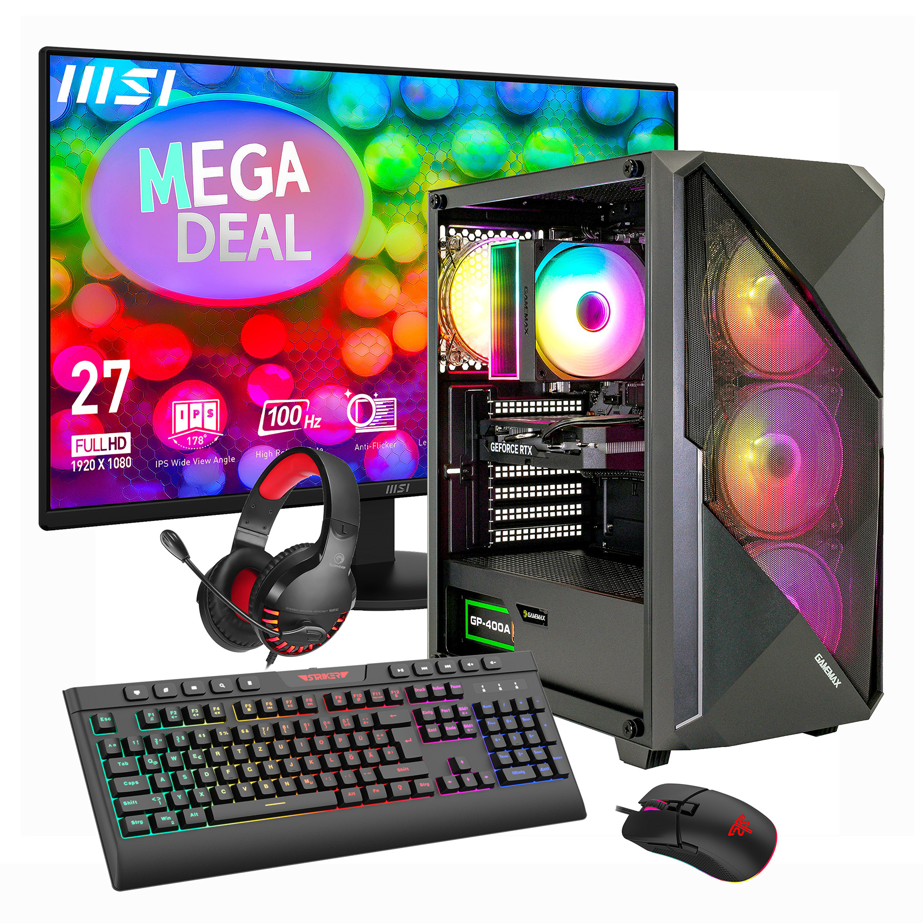 Gaming-PC-Setup: Monitor, Tower, Tastatur, Maus und Headset mit RGB-Beleuchtung.