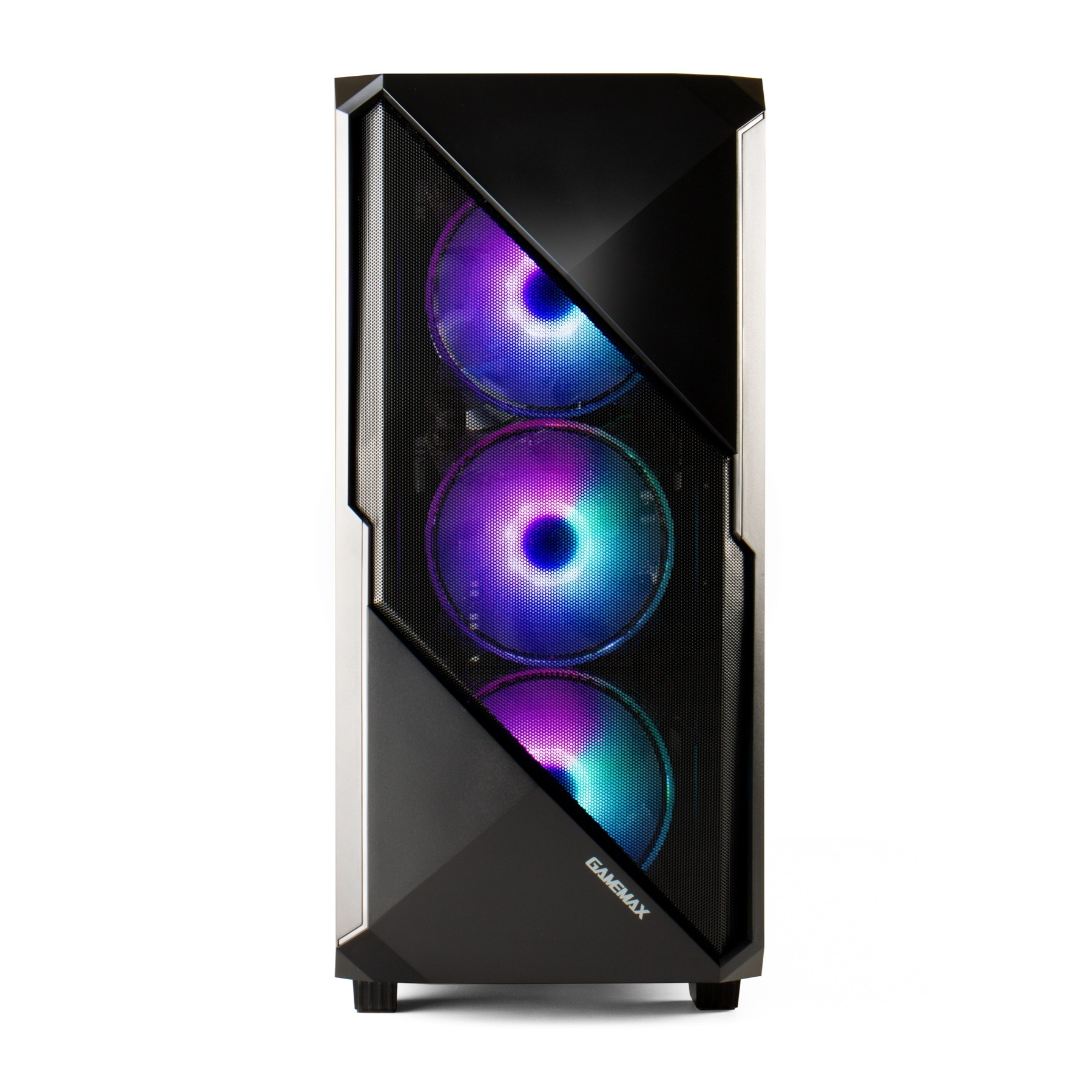 Ein schwarzes Computergehäuse mit drei beleuchteten Lüftern.