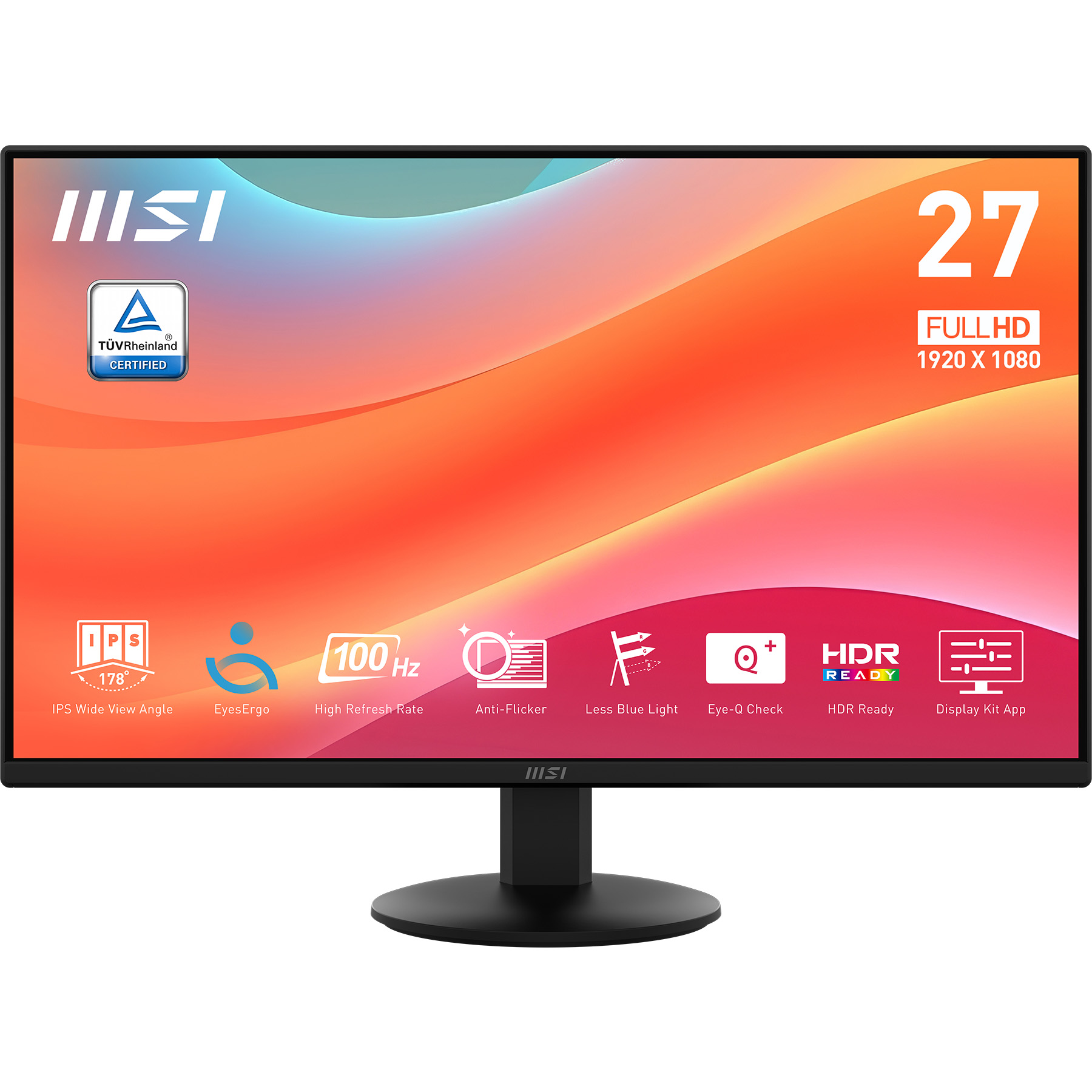 MSI 27 Zoll Full HD Monitor mit Icons für Blickwinkel, Augenkomfort und HDR.