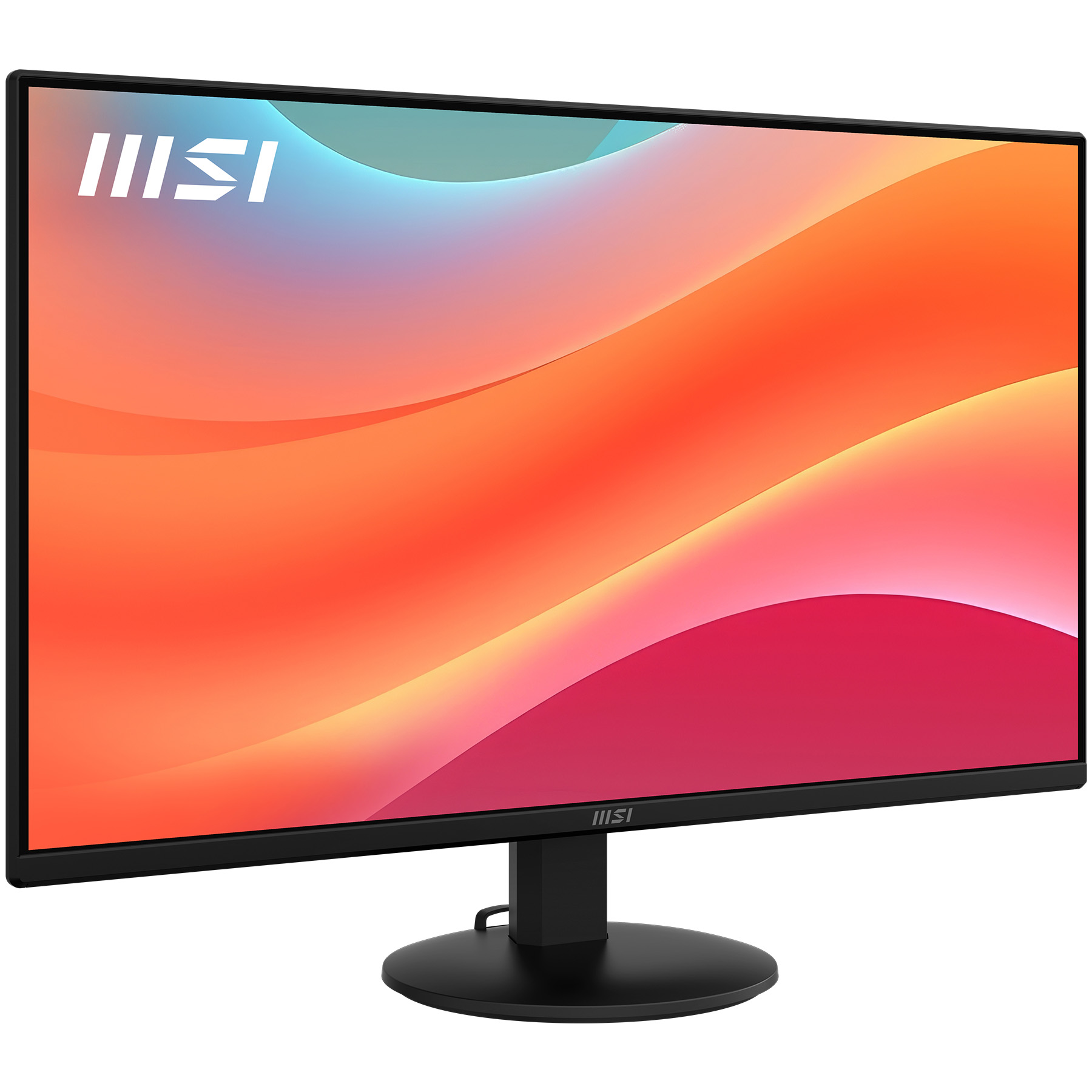 Schwarzer MSI-Monitor mit buntem Hintergrund und MSI-Logo.