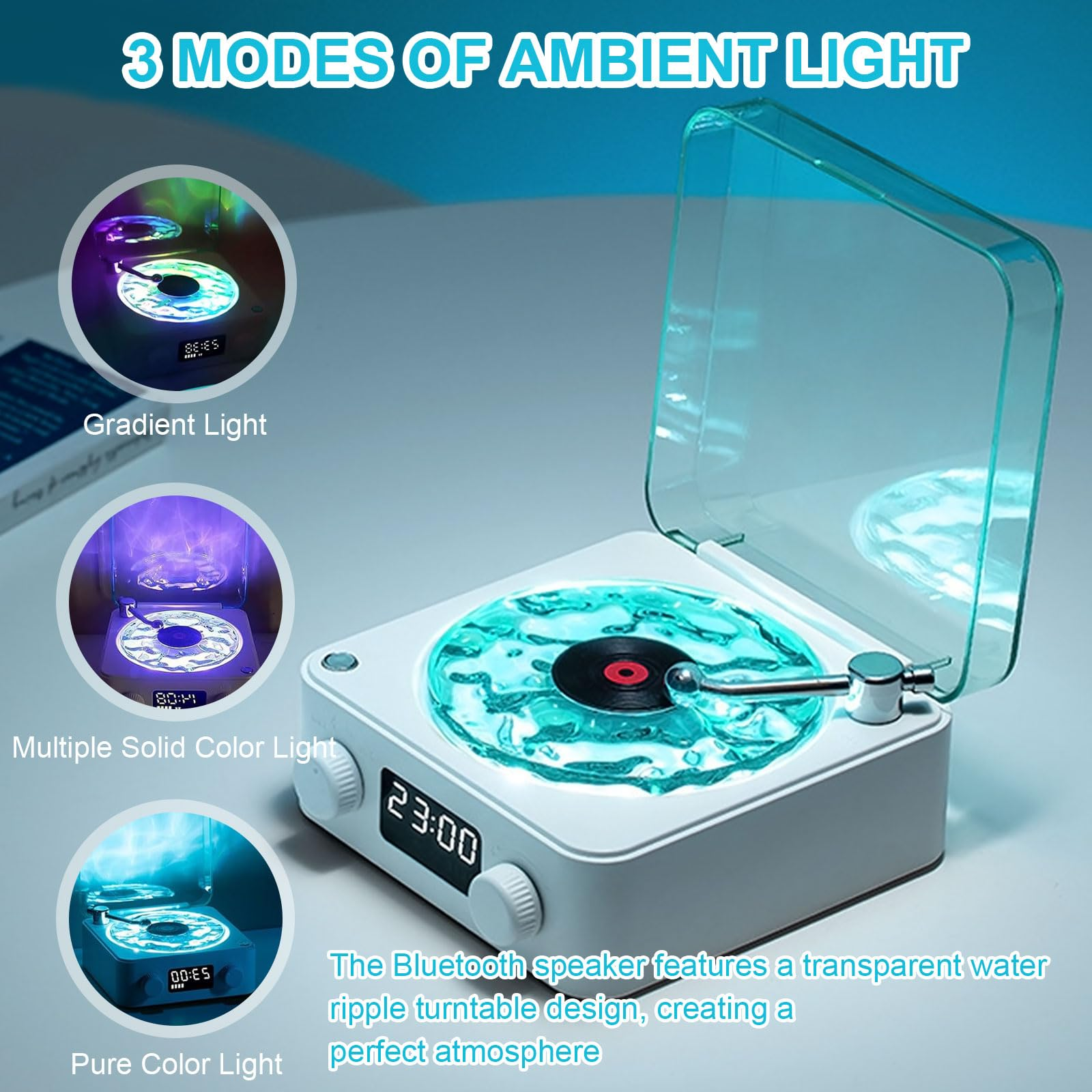 Ein weißer Bluetooth-Lautsprecher mit transparentem Plattenspieler und Wasserrillen-Design.