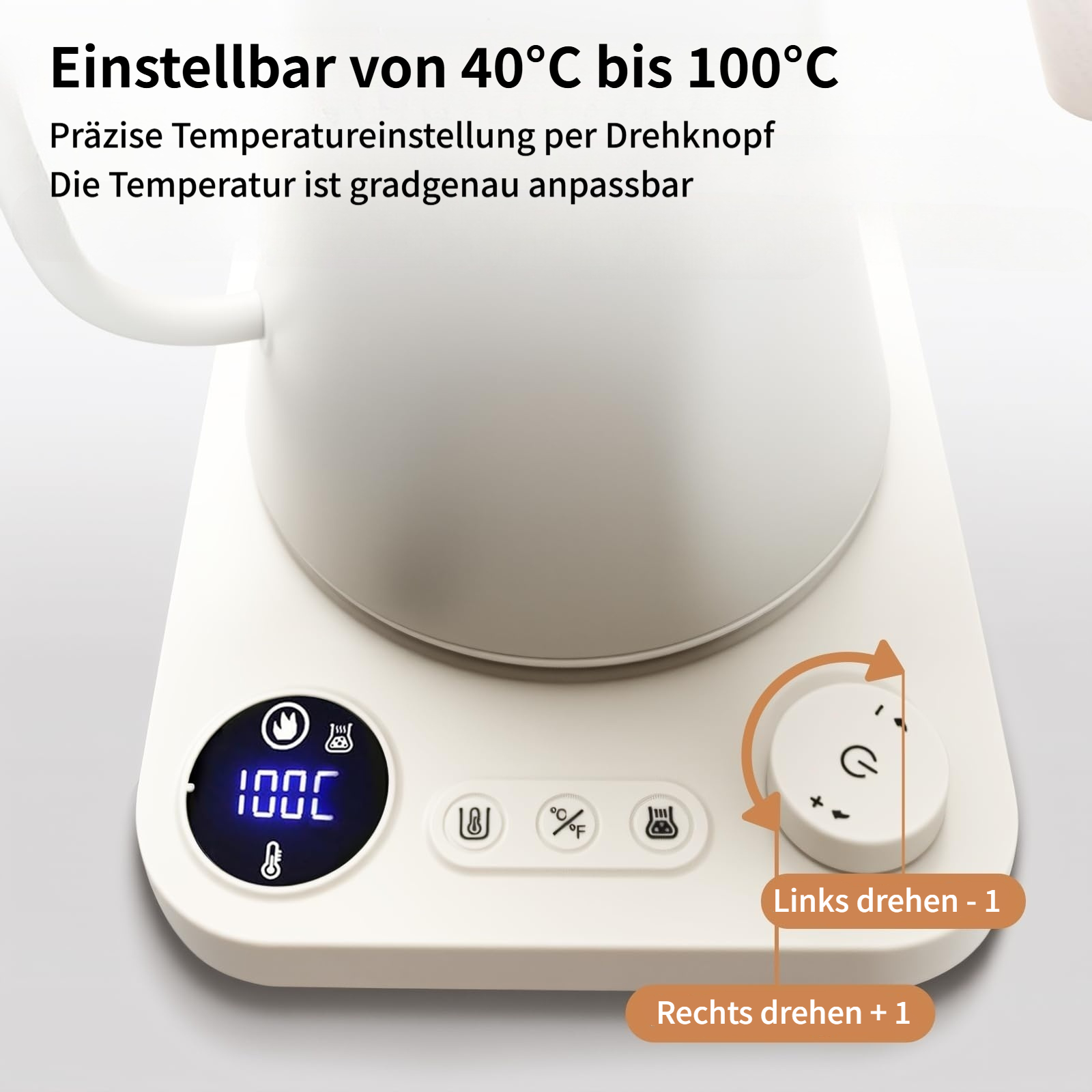 Weiße Teekanne auf weißer Basis mit digitaler Anzeige von 100°C.