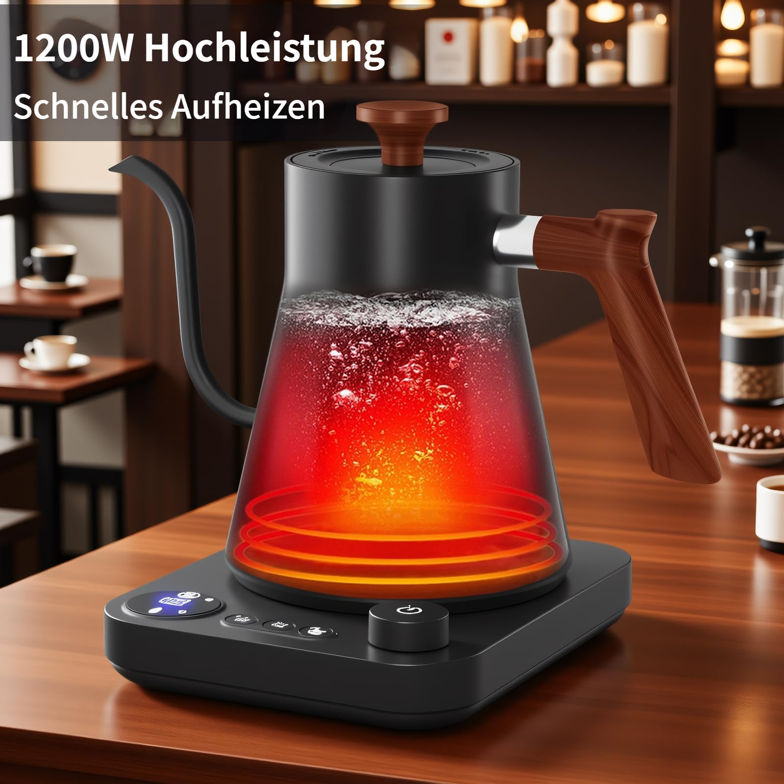 Schwarzer Wasserkocher mit Holzgriff heizt Wasser. Anzeige zeigt 1200W.