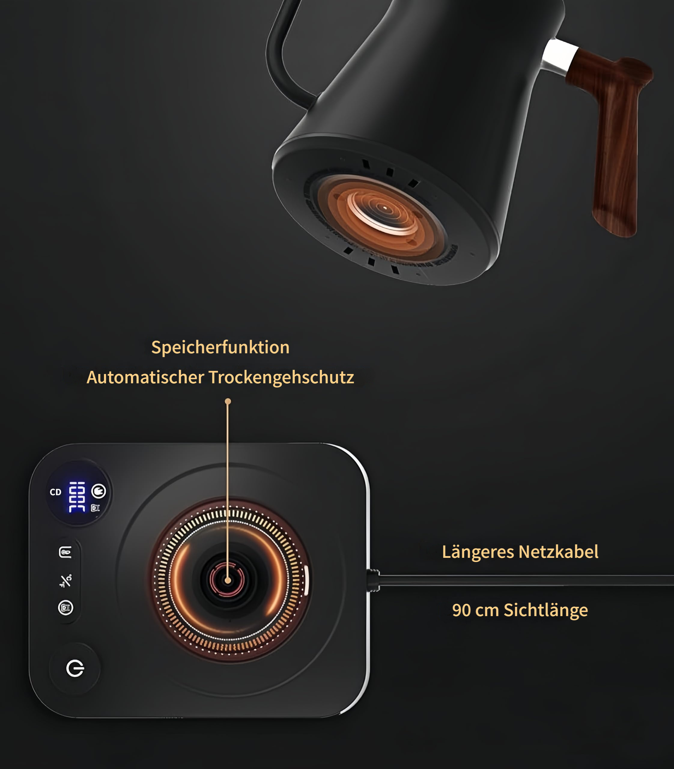 Schwarzer Wasserkocher mit Holzgriff und Basis mit Display und Ladekabel.
