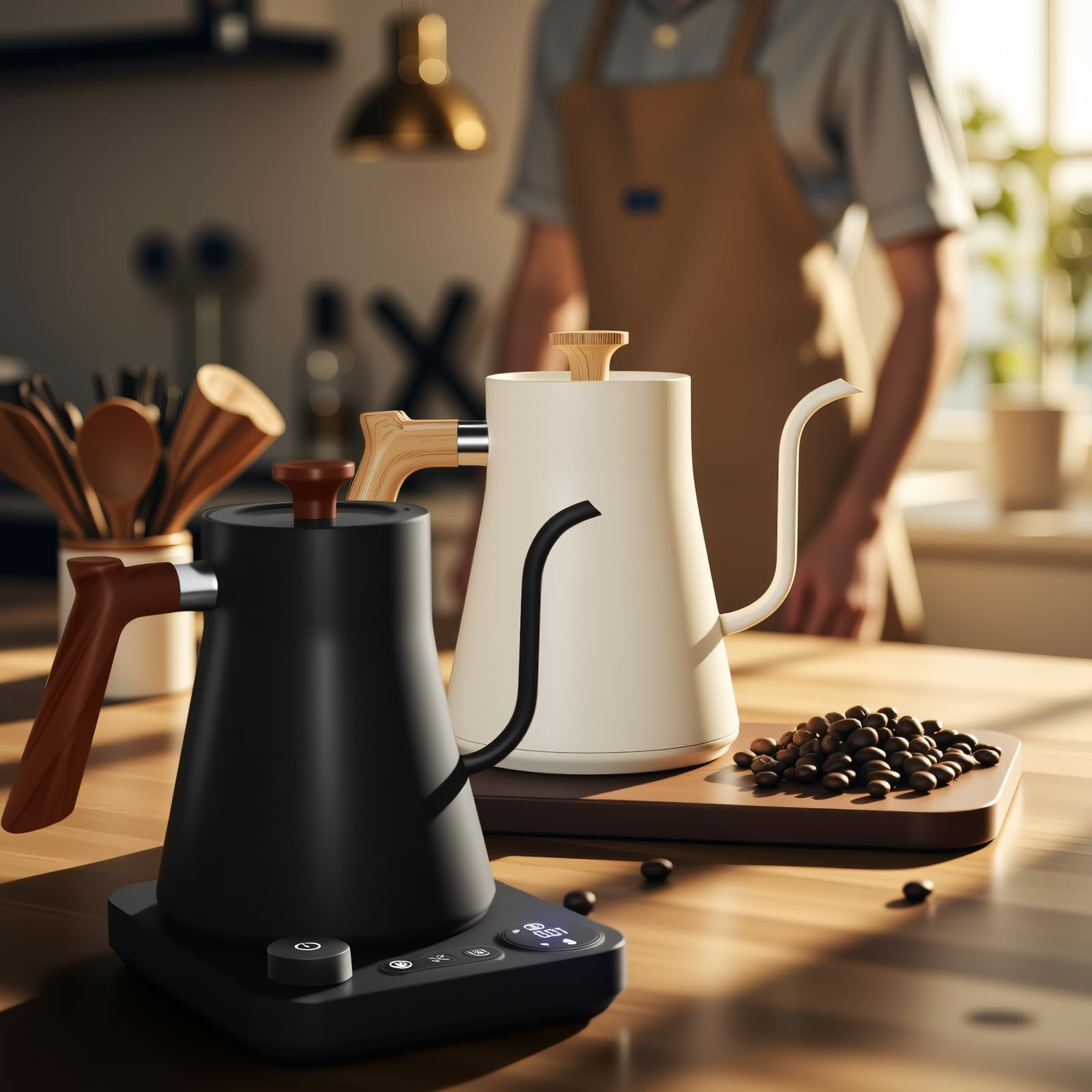 Zwei Wasserkocher auf einem Holztisch, einer schwarz, einer cremefarben. Kaffeebohnen sind daneben.