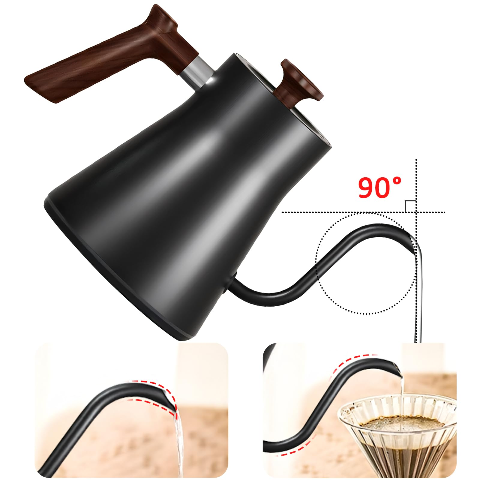 Schwarzer Schwanenhalskessel mit Holzgriff, der Wasser in einen Kaffeefilter gießt.