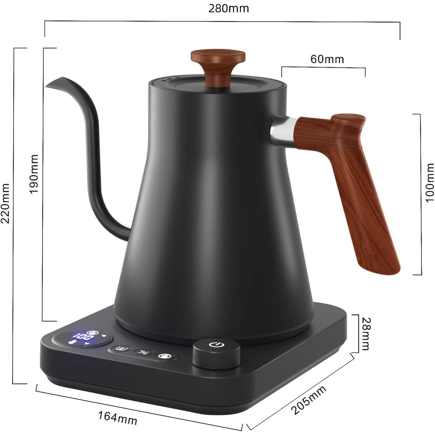 Eine schwarze Teekanne mit Holzgriff und Basis mit digitalen Bedienelementen.