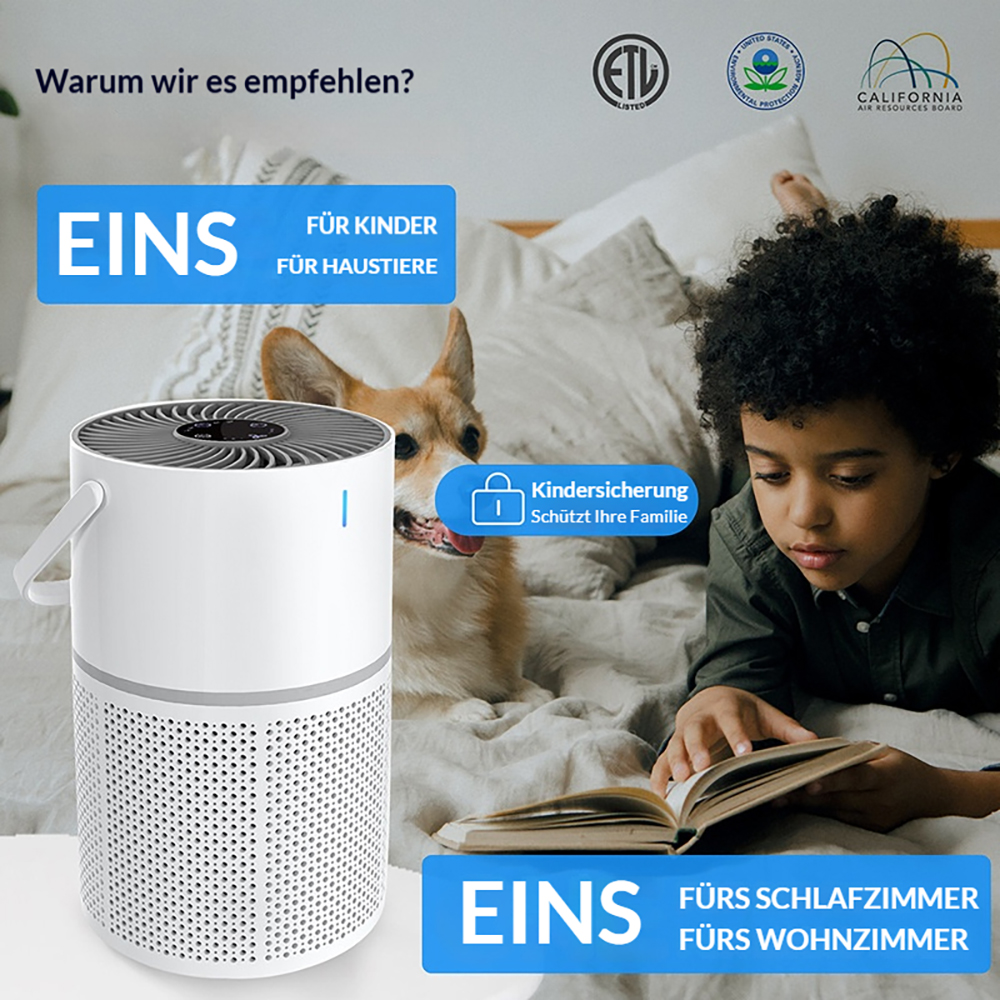 Ein weißer Luftreiniger steht neben einem Hund und einem Kind, das ein Buch liest.
