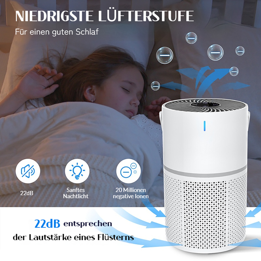Ein weißer Luftreiniger steht neben einem schlafenden Kind. Hinweise auf leise Funktion und negative Ionen.