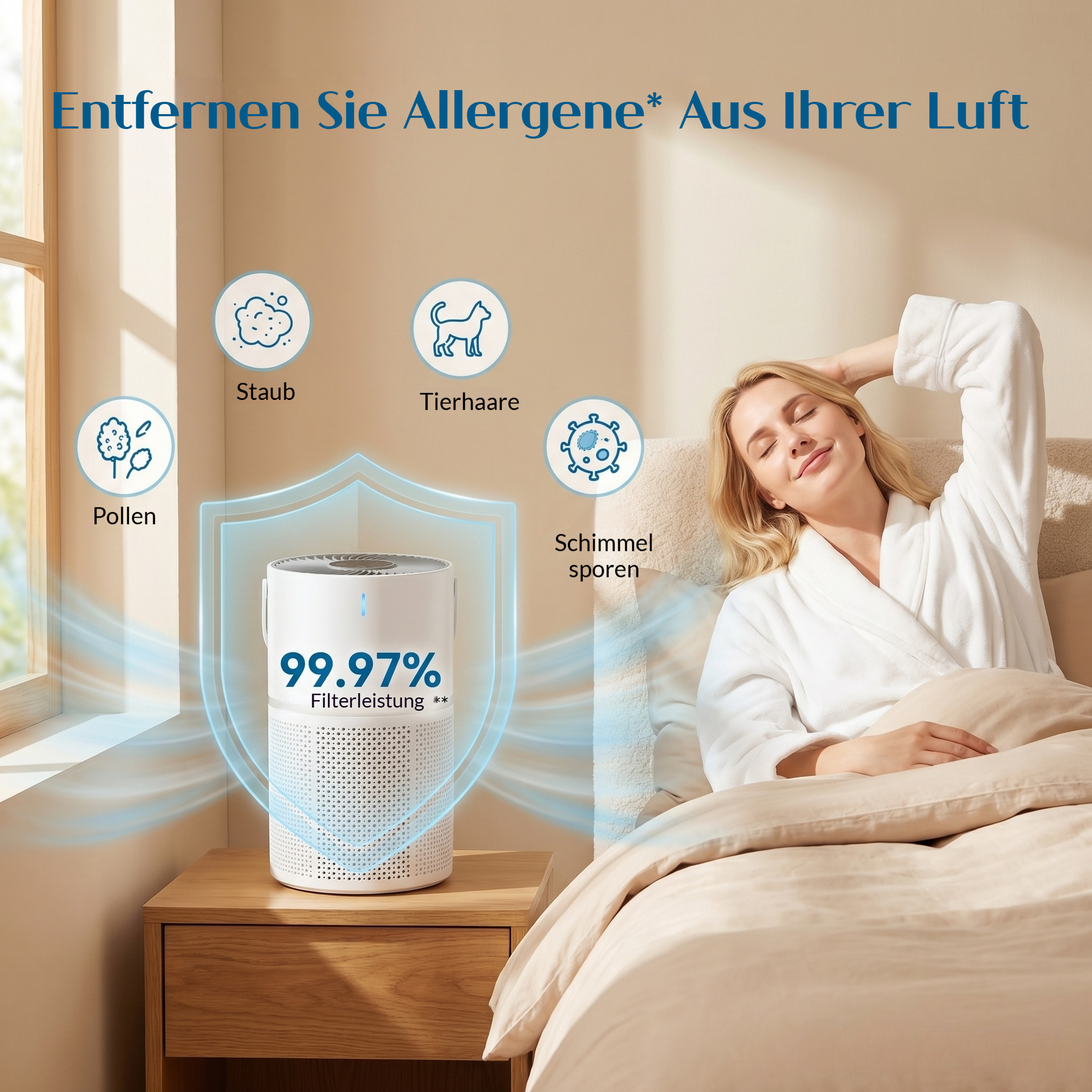 Ein Luftreiniger filtert Pollen, Staub, Tierhaare und Schimmelsporen. Eine Frau entspannt.
