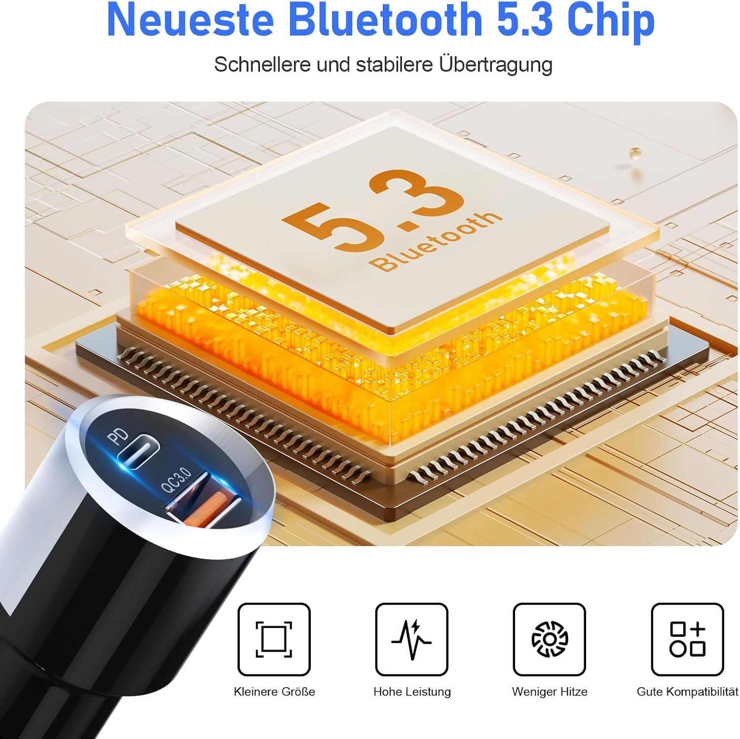 Nahaufnahme eines Bluetooth-Chipsatzes mit PD- und QC3.0-Anschlüssen.