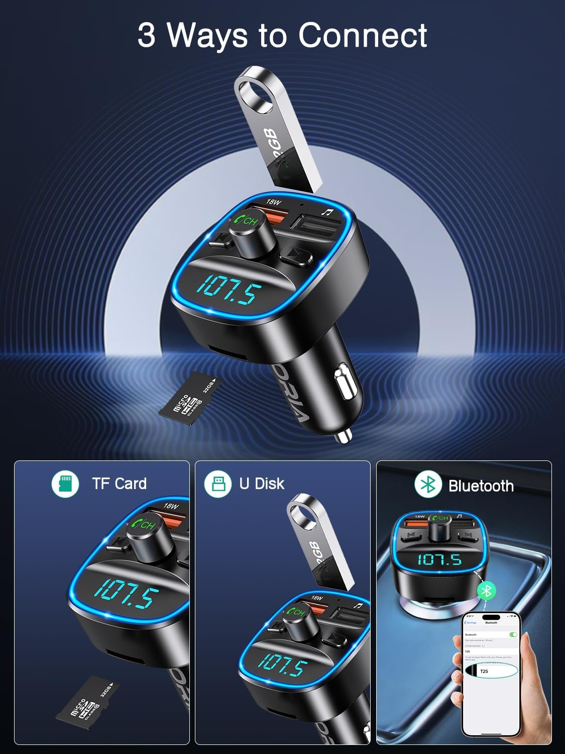Ein schwarzer Autoladegerät mit 3 Anschlussmöglichkeiten: TF-Karte, USB-Stick, Bluetooth.