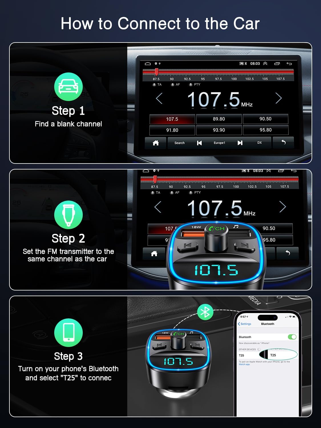 Anleitung zum Verbinden: Auto-Radio, FM-Sender, Handy-Bluetooth-Einstellungen.