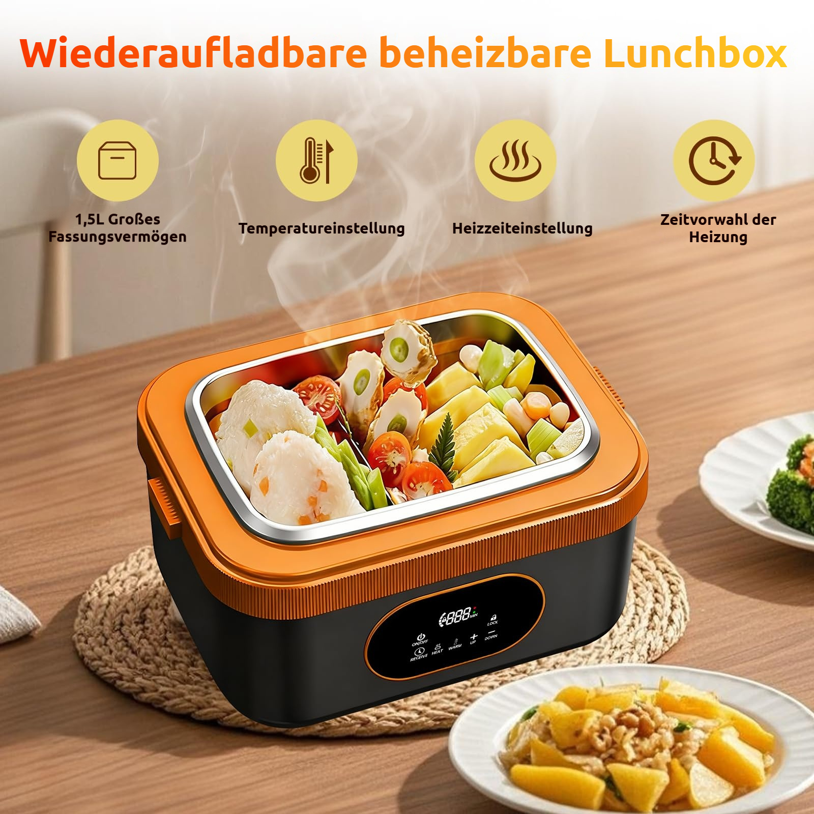 Eine orange und schwarze Lunchbox mit Essen, die Dampf abgibt. Es gibt Symbole für Kapazität, Temperatur, Heizzeit und Timer.