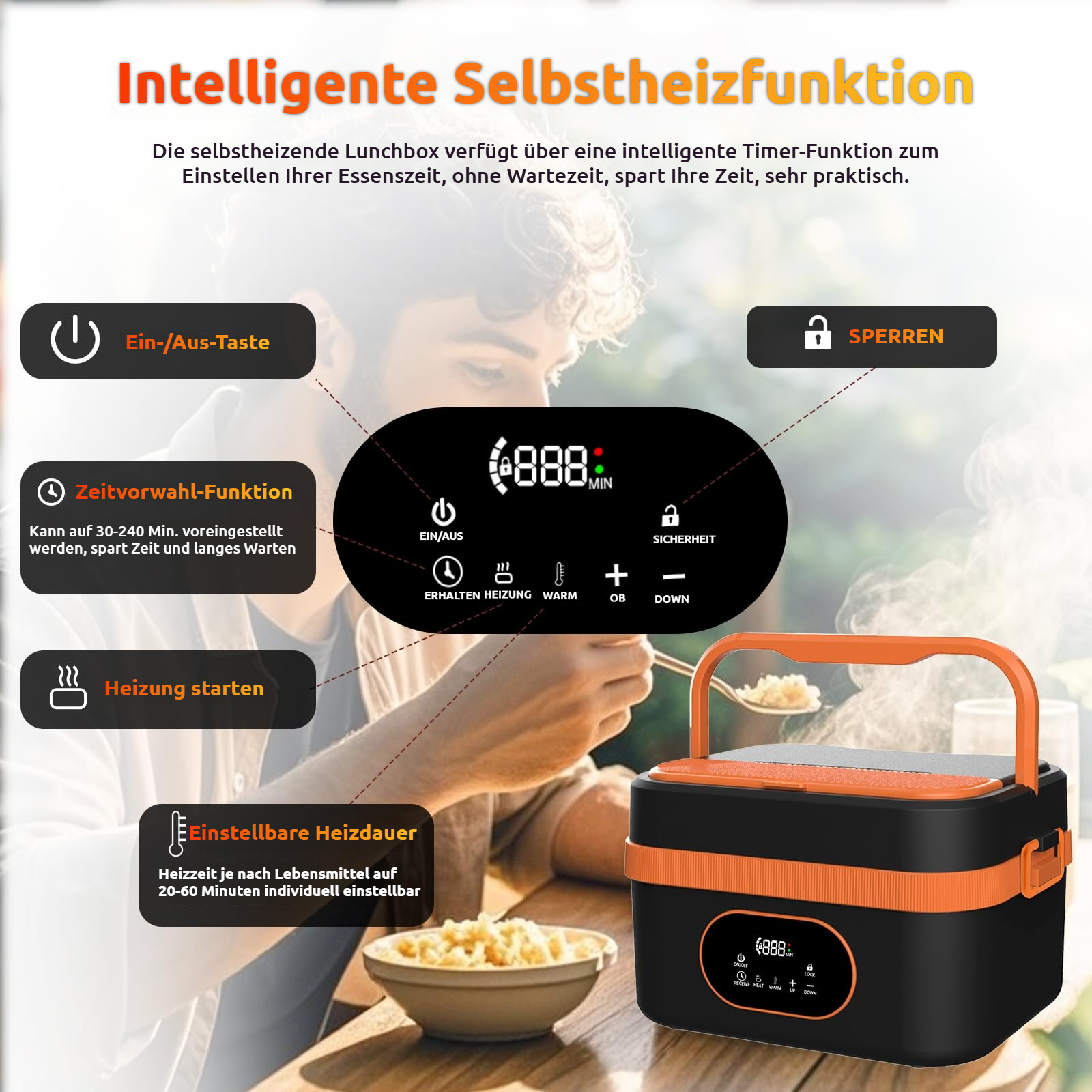 Selbstheizende Lunchbox mit Timer-Funktion, Ein-/Aus-Taste, Zeitwahl, Heizung, Heizdauer, Sperren.