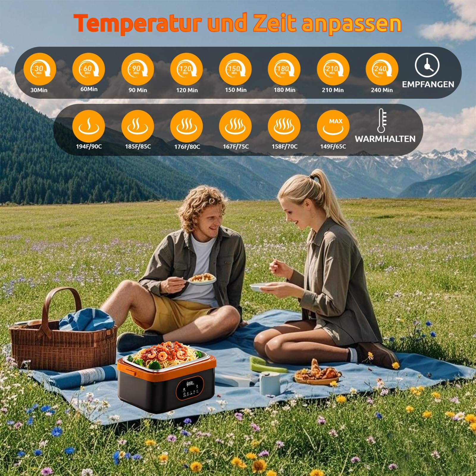 Ein Paar genießt ein Picknick im Freien mit einem tragbaren Kocher und Essen.