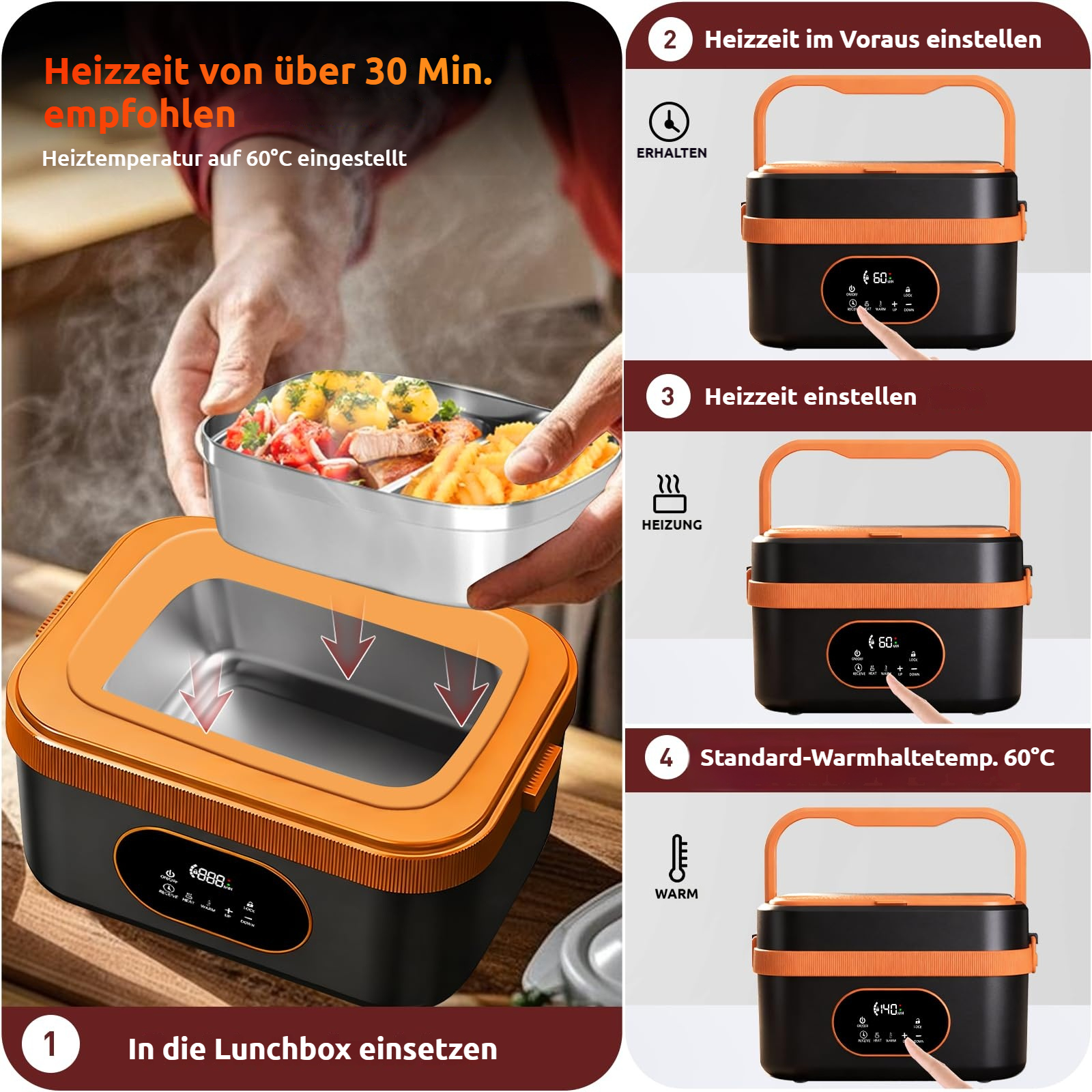 Eine Hand setzt einen Behälter mit Essen in eine orange-schwarze Lunchbox. Daneben sind Bedienungsanleitungen abgebildet.