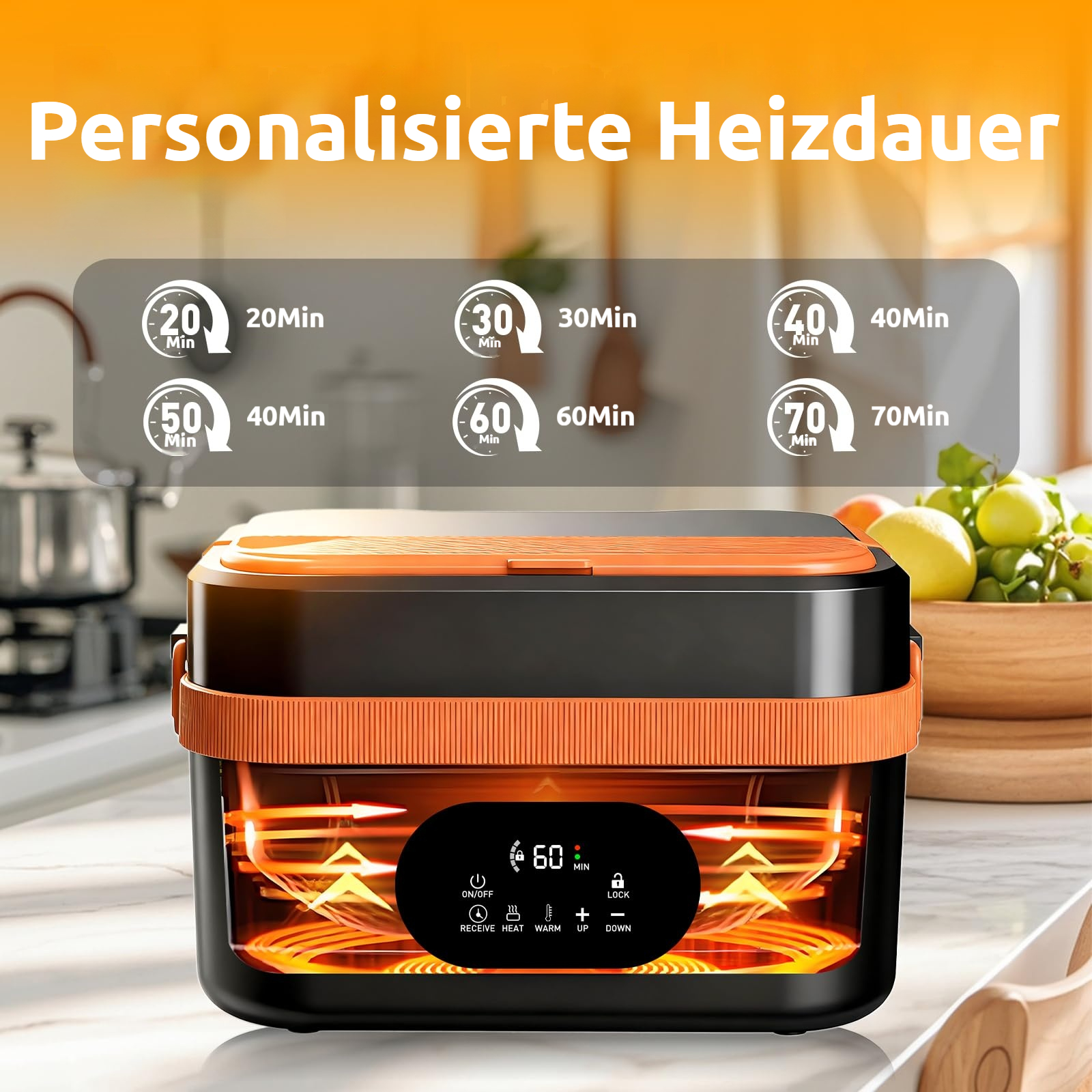 Ein schwarzer und oranger Kocher mit digitaler Anzeige und Timereinstellungen.
