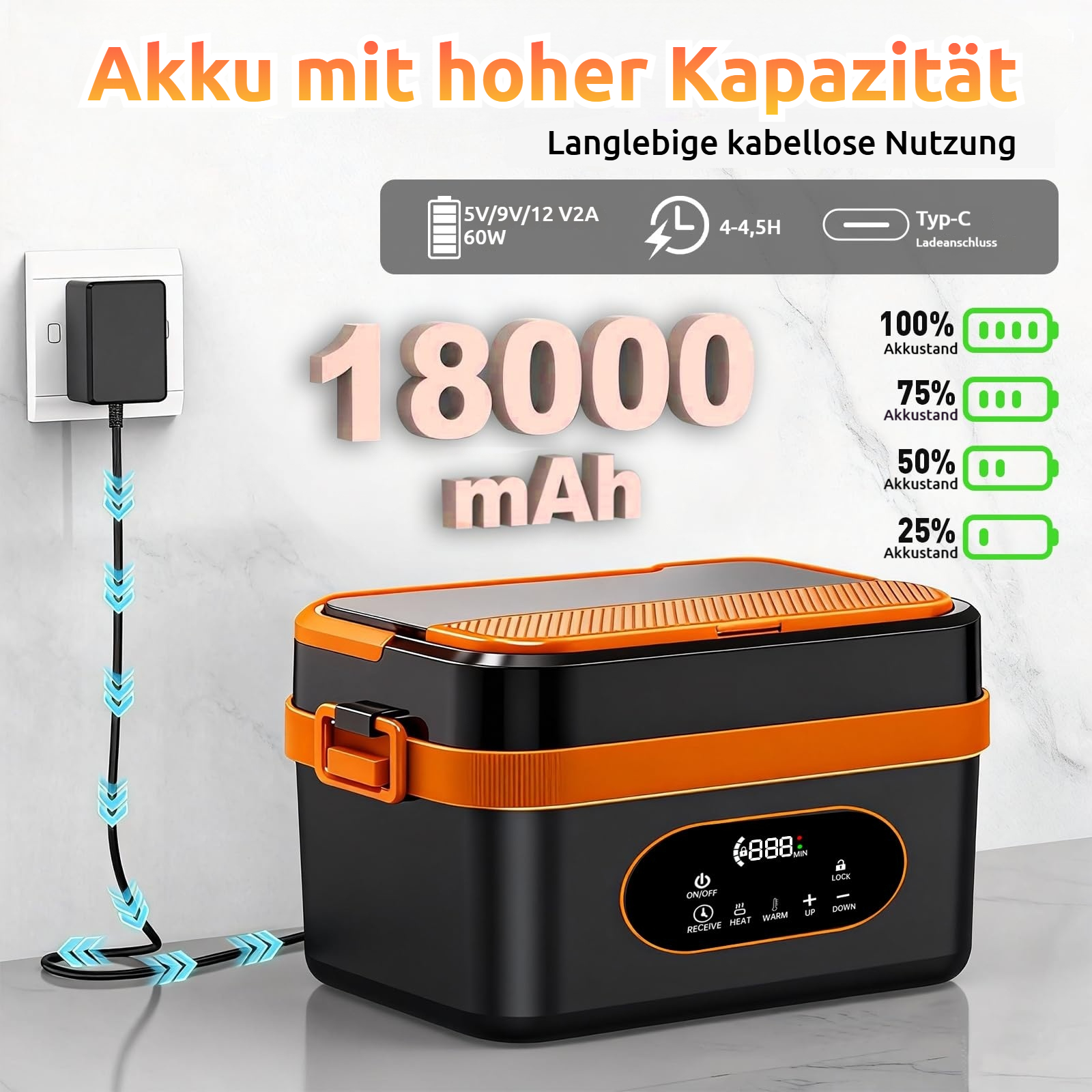 Schwarzes und oranges Gerät mit 18000mAh, lädt über USB-C, mit Ladeanzeige.