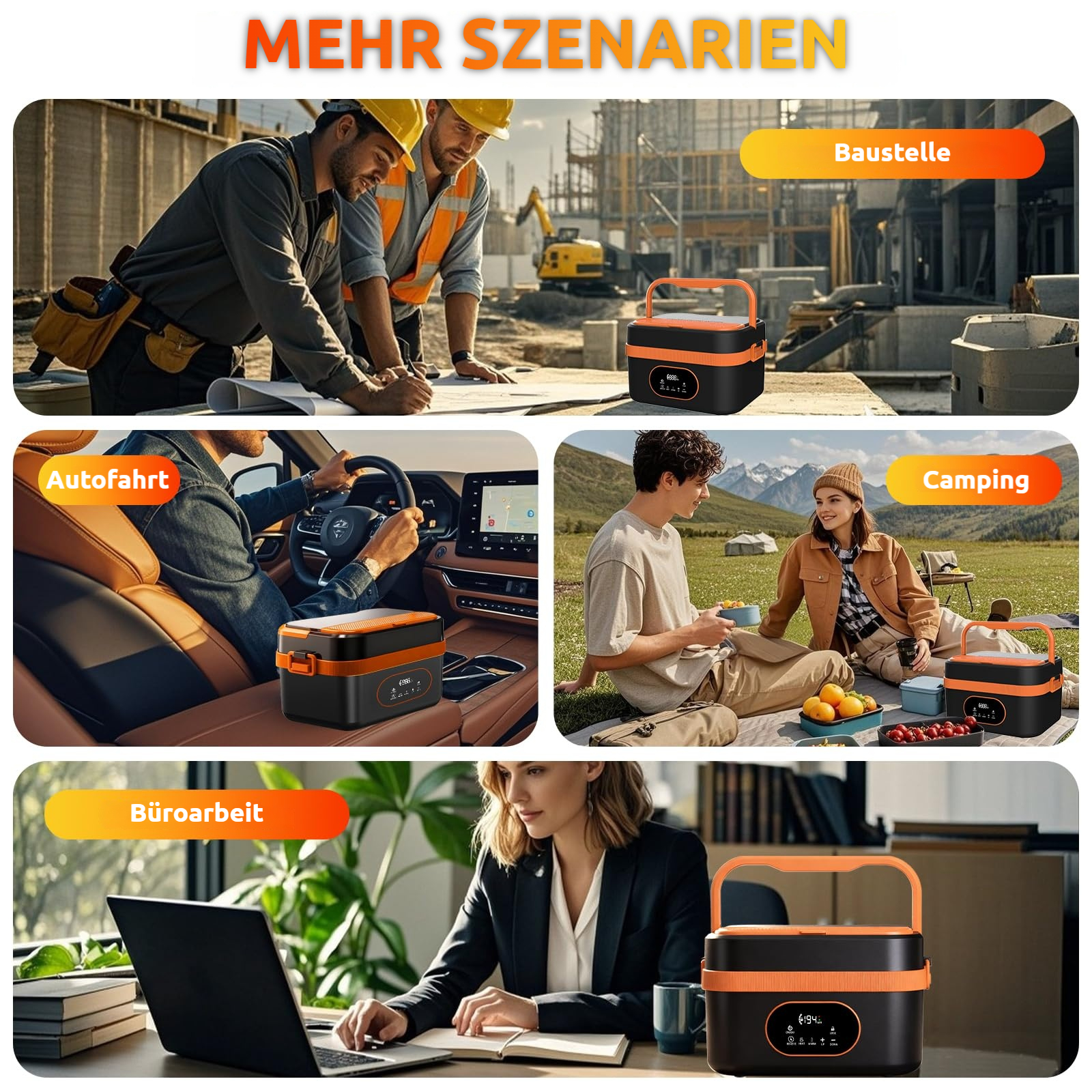Mehrere Szenarien: Baustelle, Autofahrt, Camping, Büroarbeit mit Lunchbox.