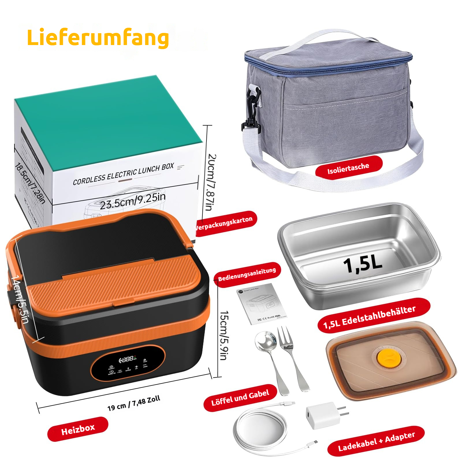 Lieferumfang: Heizbox, Isolierbehälter, Ladekabel, Tasche, Anleitung, Löffel und Gabel.
