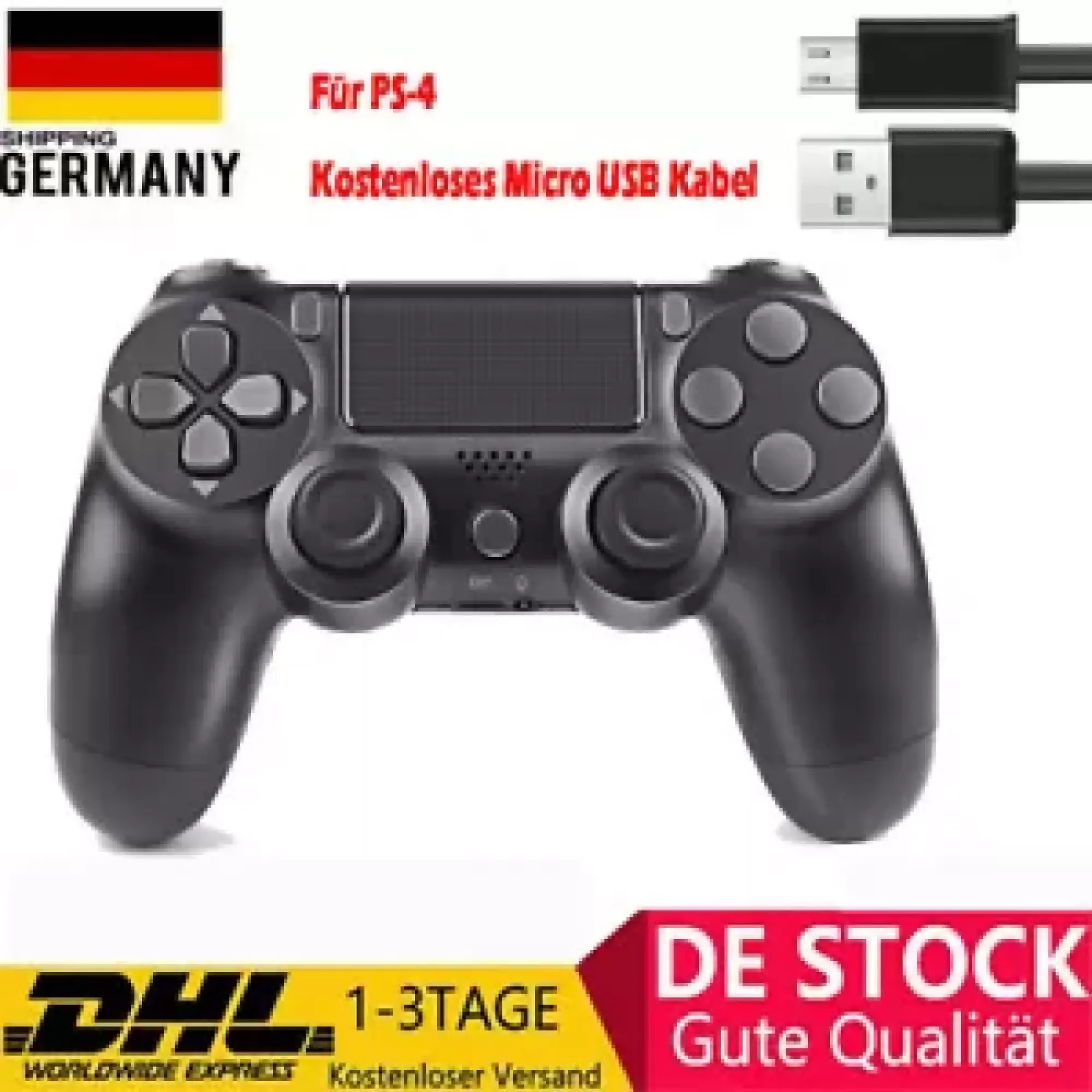 Schwarzer PS4-Controller mit USB-Kabel, Versand aus Deutschland.