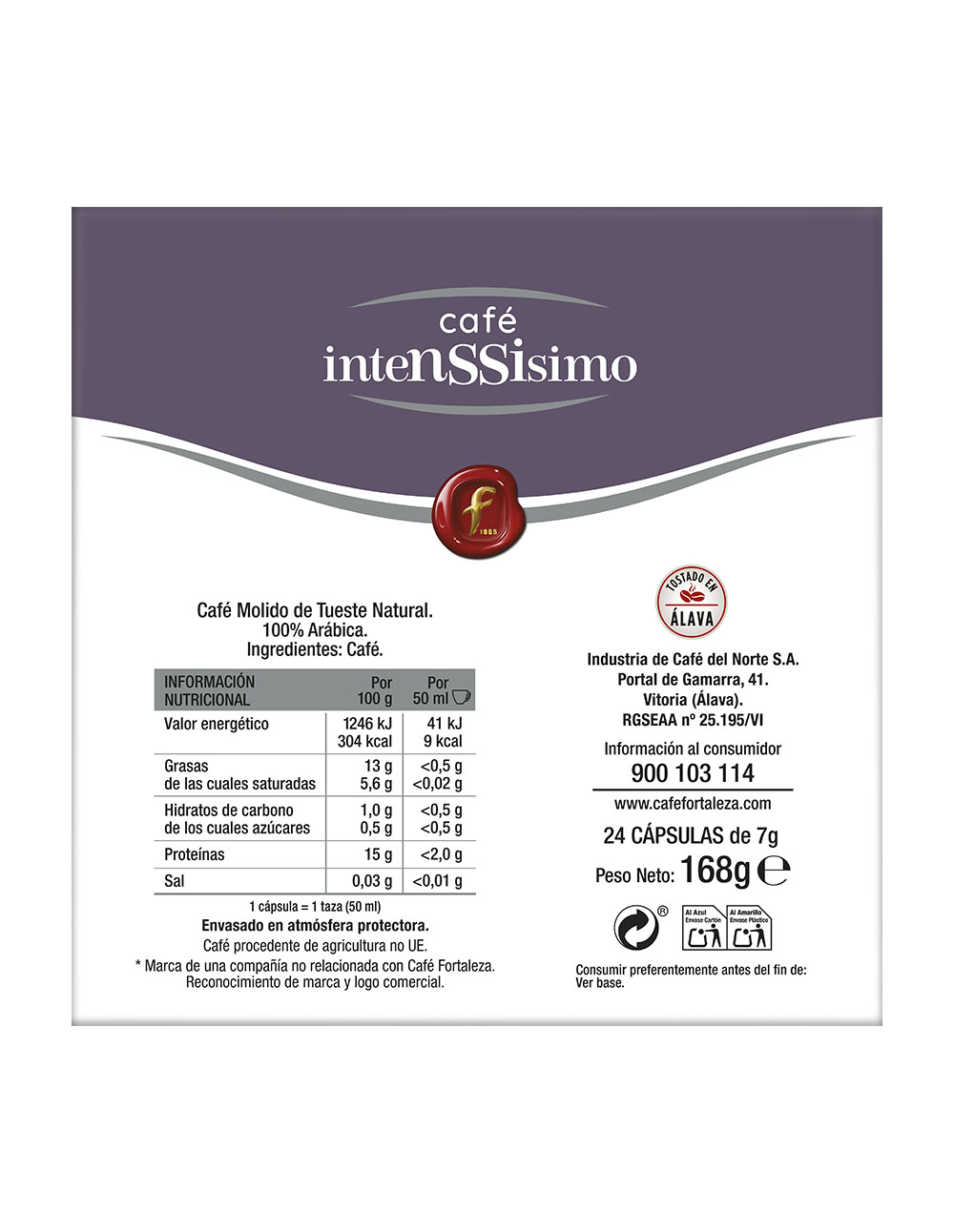 Paquete de café molido tostado con información nutricional y detalles de origen.