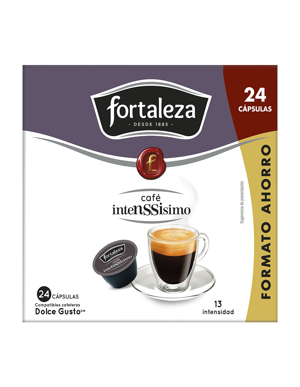 Caja de 24 cápsulas de café Fortaleza Intensissimo y una taza de espresso.