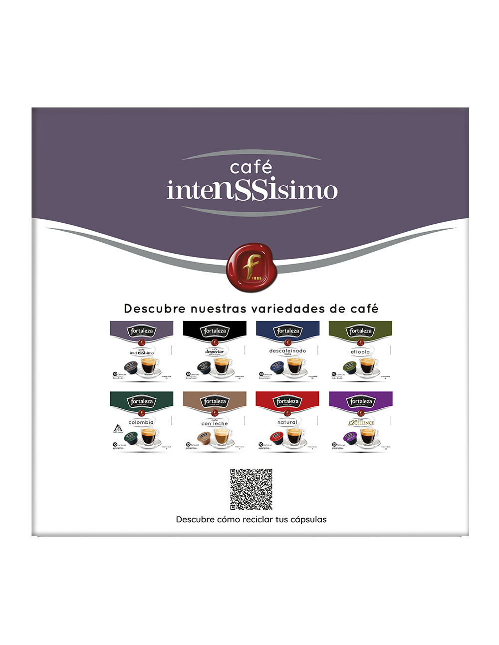 Anuncio de café con 12 variedades de cápsulas y tazas de café.