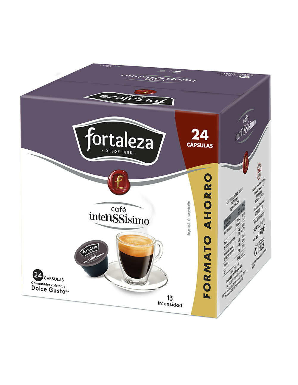 Una caja de café Fortaleza, 24 cápsulas, con una taza de café y una cápsula.