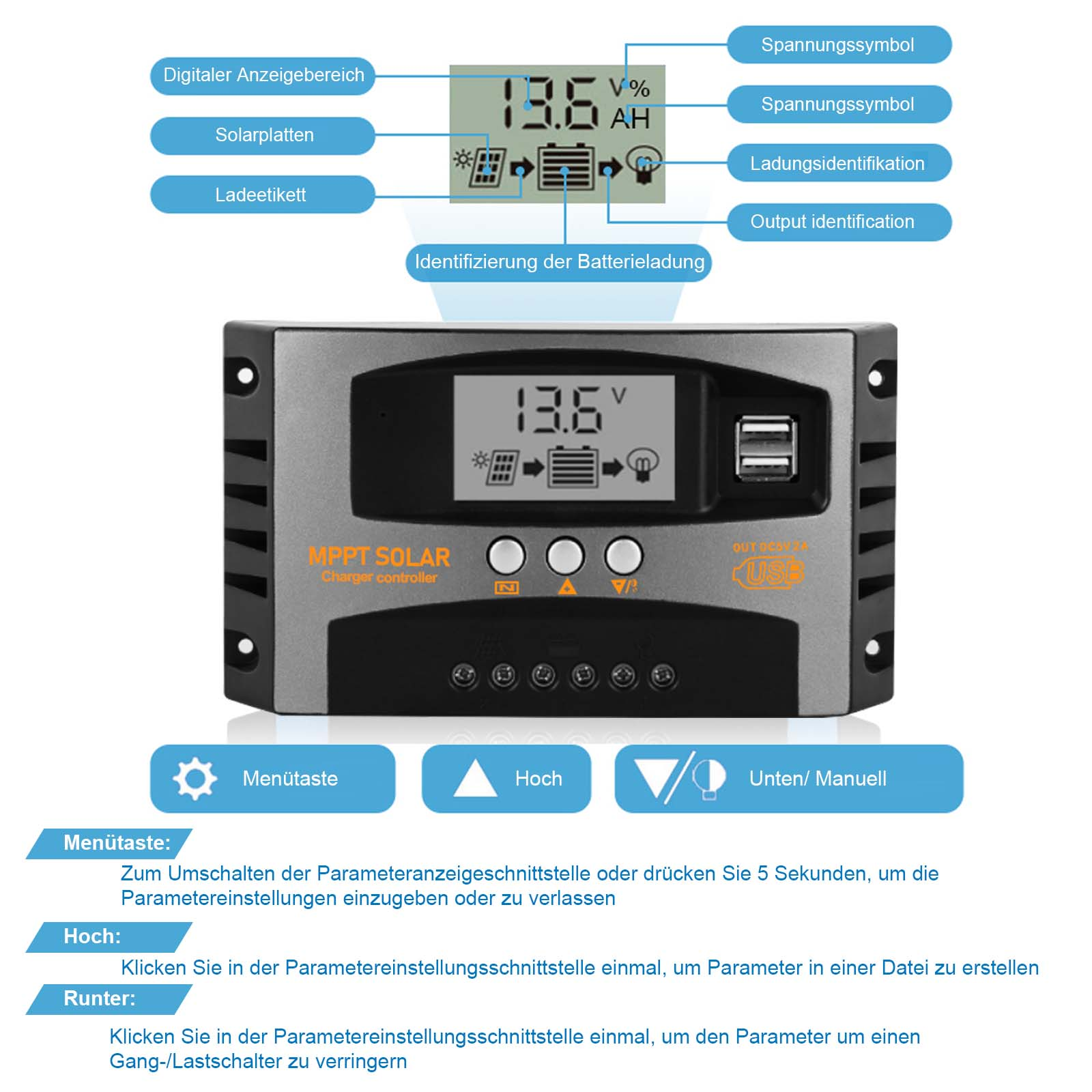 Solar Laderegler mit Digitalanzeige, Tasten und USB-Anschlüssen.