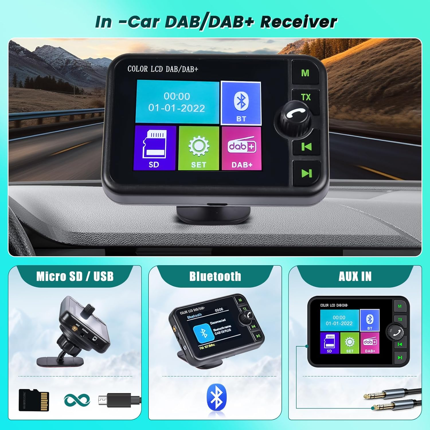 In-Car DAB/DAB+-Empfänger mit Farb-LCD, SD-Karte, Bluetooth und AUX-Anschluss.