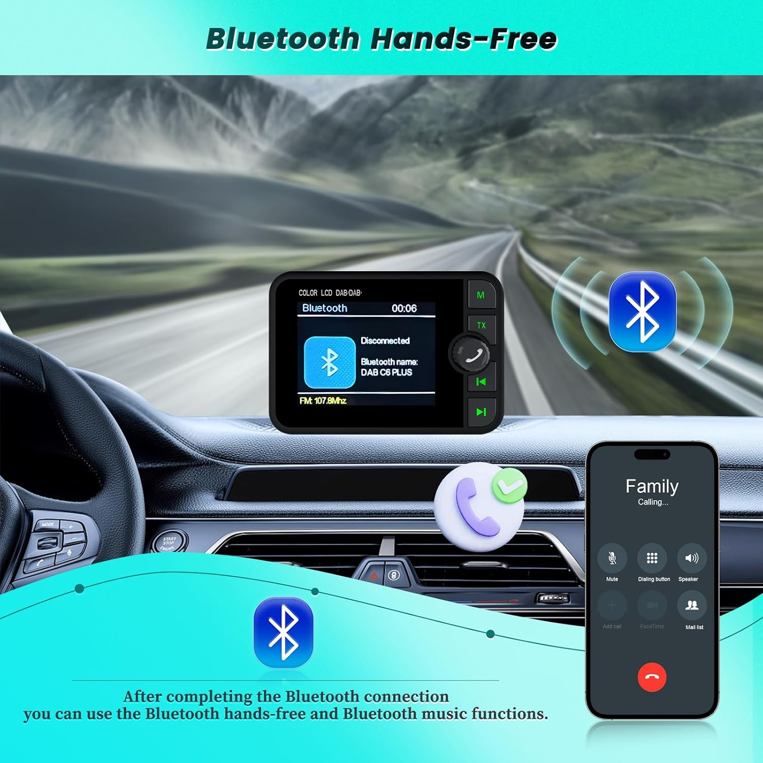 Autoinnenraum mit Bluetooth-Gerät, Smartphone und Navigationssystem auf einer Bergstraße.