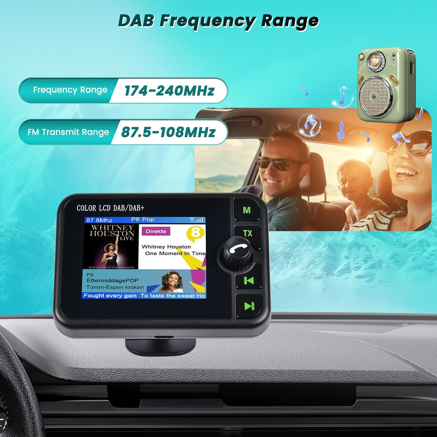 Ein Auto-DAB-Radio zeigt Frequenzen und Musik an, mit einer Familie im Hintergrund.