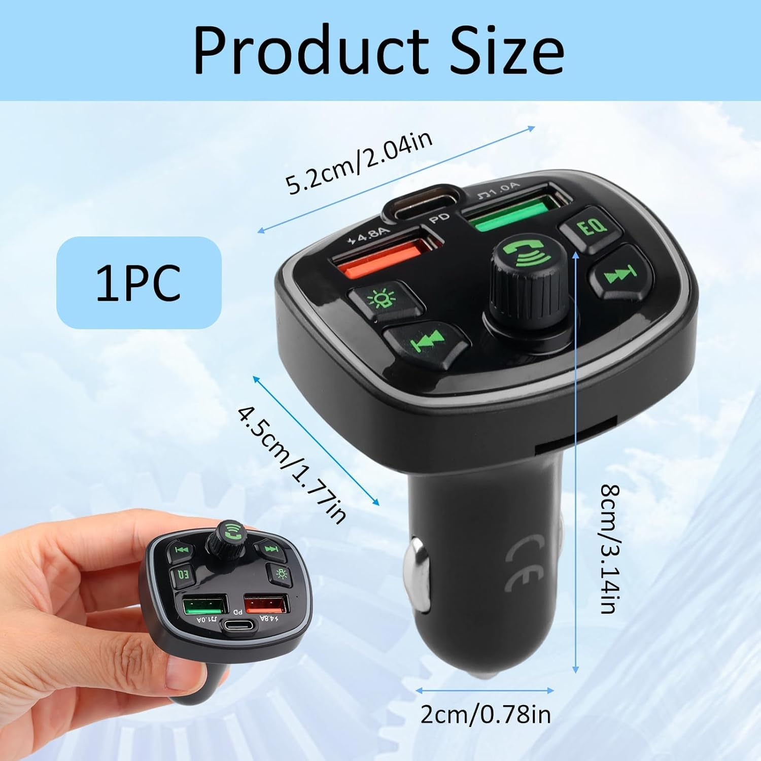 Ein schwarzer Zigarettenanzünder-Adapter mit USB-Anschlüssen und Bedienelementen.