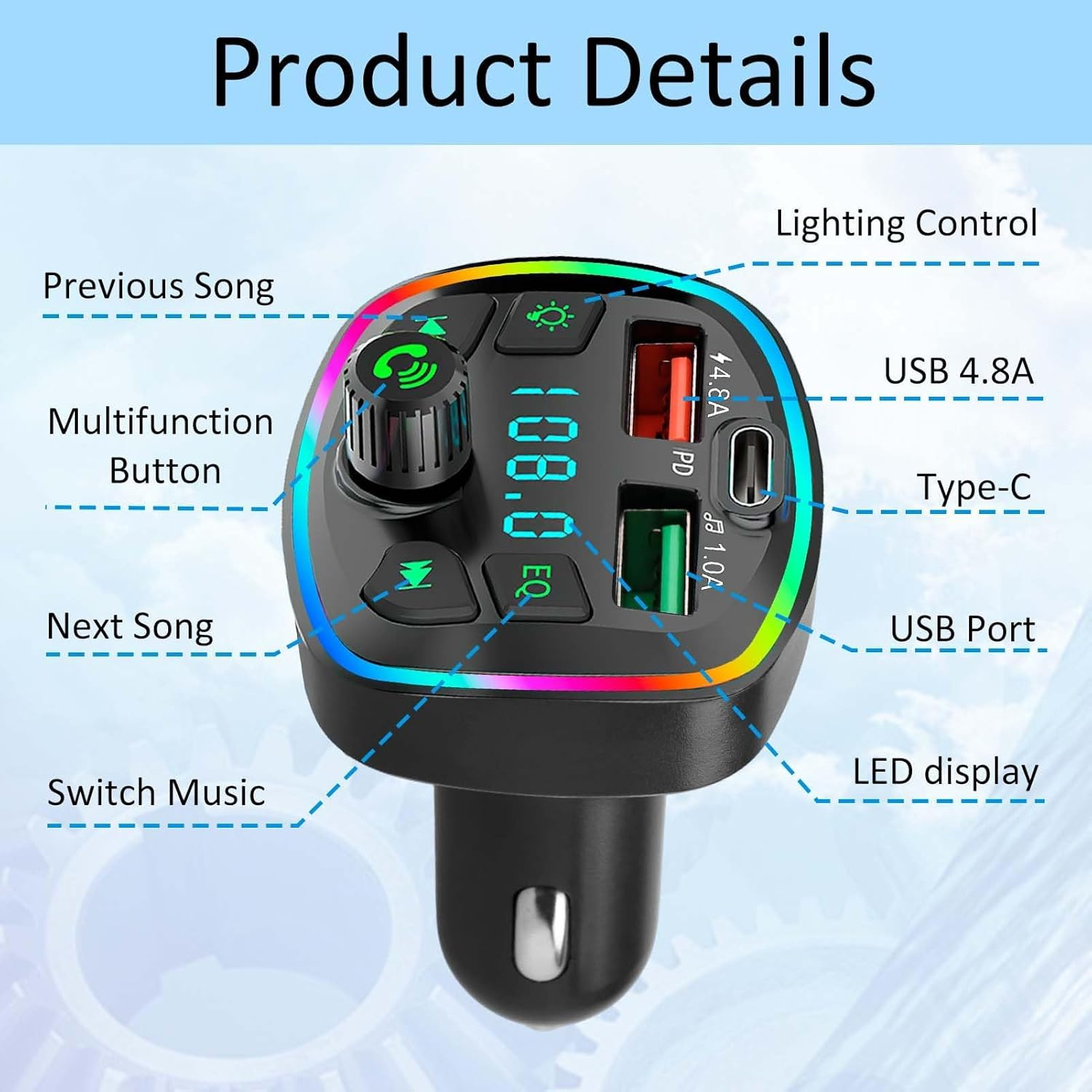 Produktdetails eines Autoladegeräts mit LED-Anzeige, USB-Anschlüssen und Bedienelementen.
