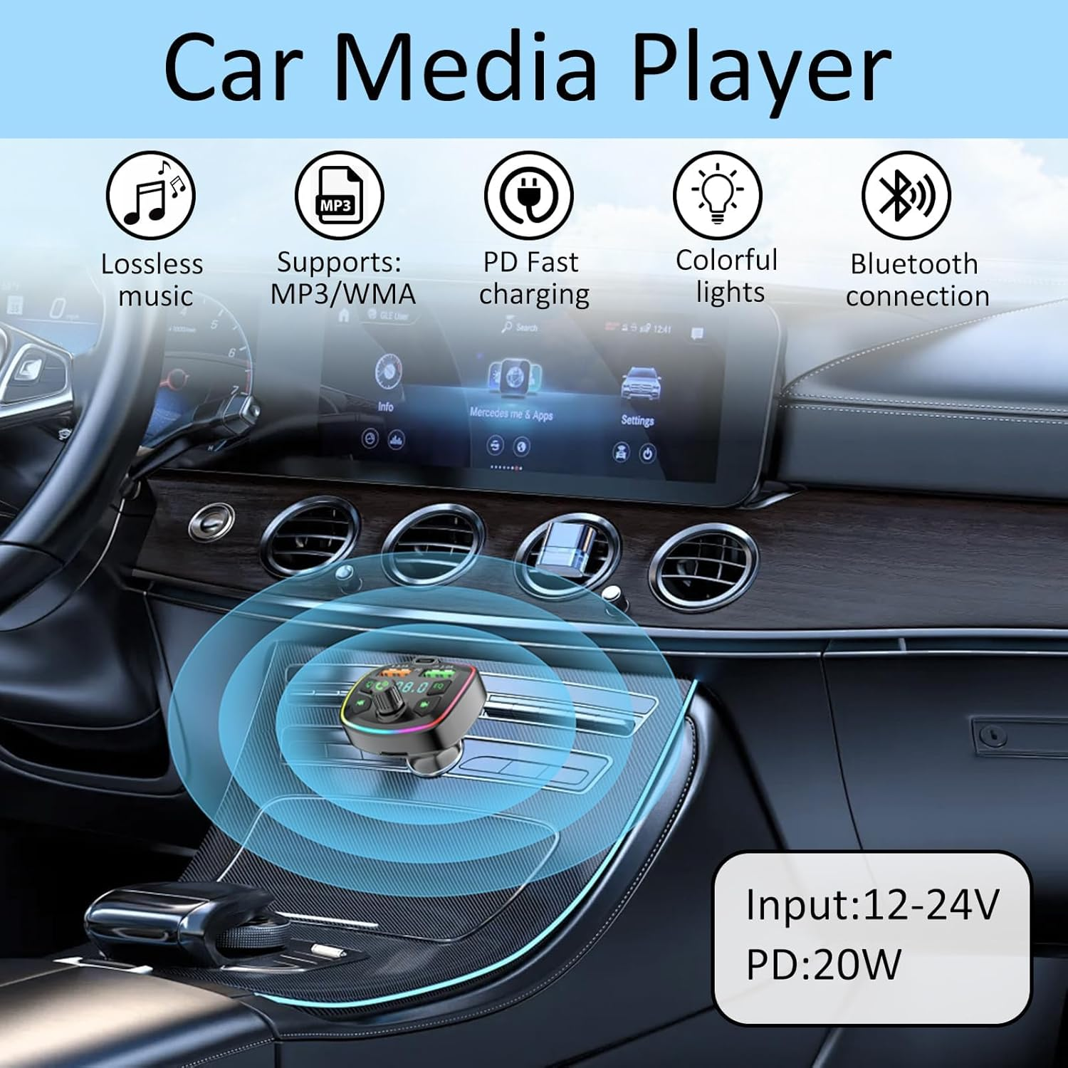 Ein Auto-Mediaplayer mit Ladefunktion und Bluetooth im Auto-Innenraum.